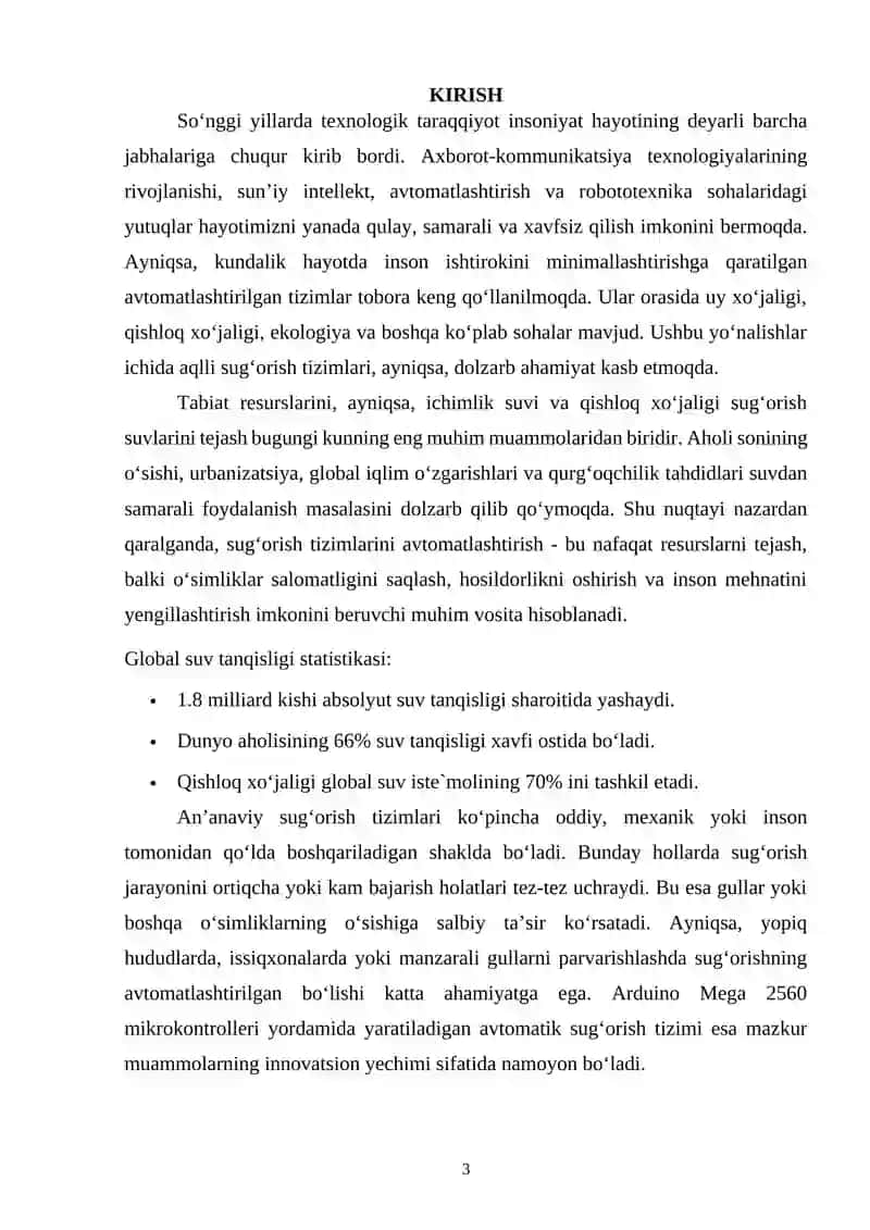 Arduino Mega 2560 mikrokontrolleri asosida gullarni avtomatik sug‘orish tizimi ishlab chiqish 3