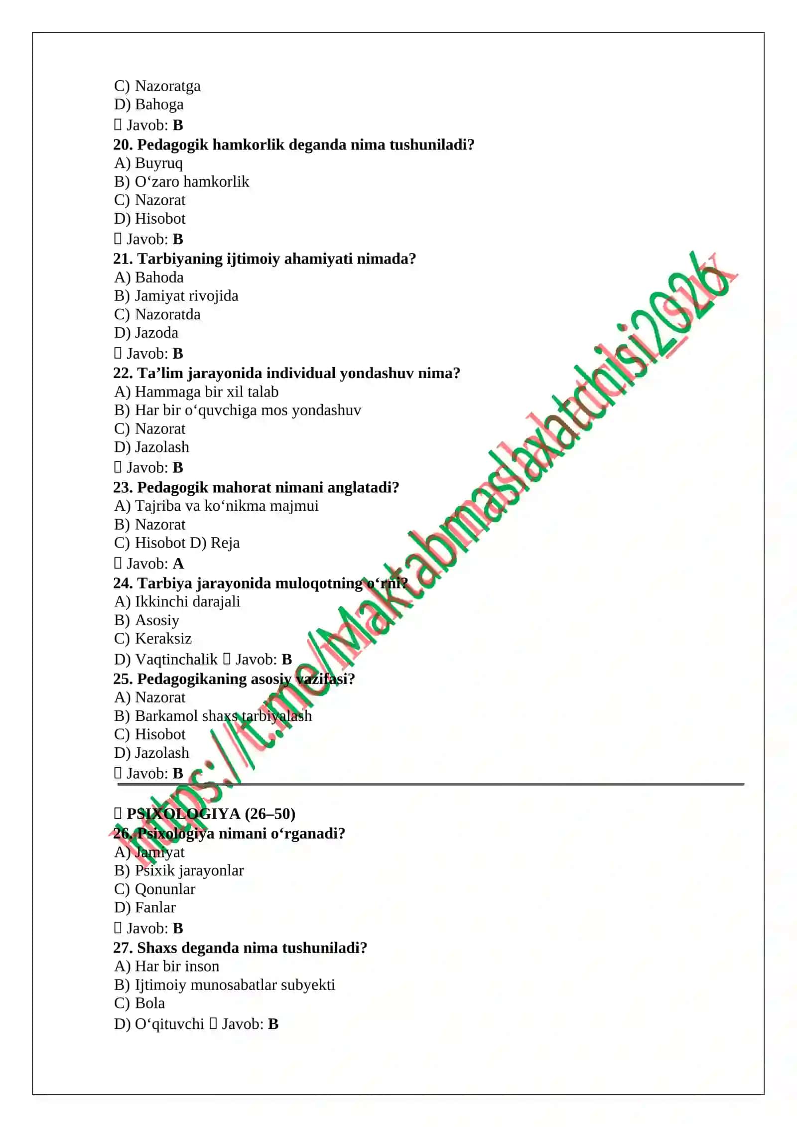 maktab maslahatchilari uchun test javoblari bilan 3