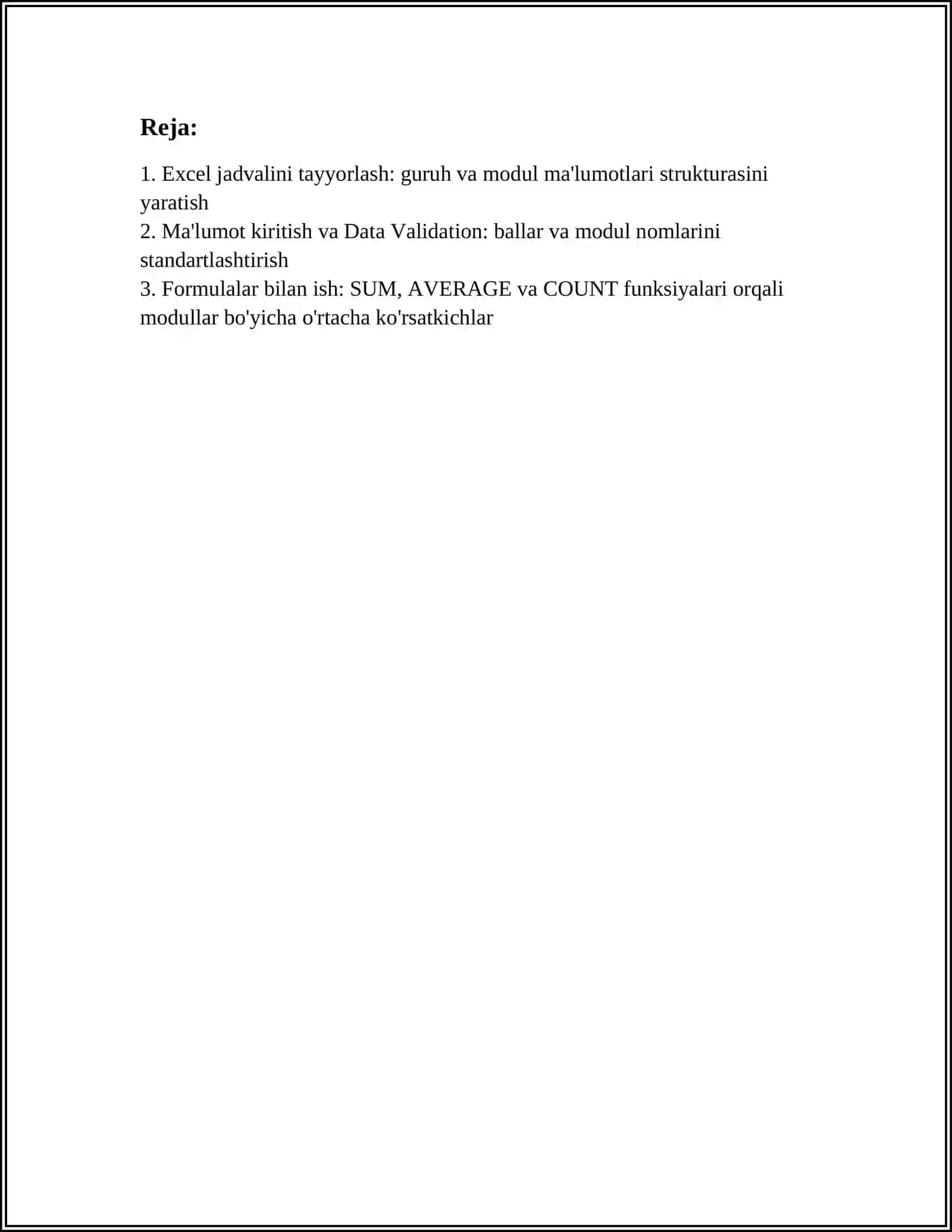 EXCEL DASTURIDA GURUH TALABALARINING MODULLAR BO‘YICHA O‘ZLASHTIRISH VA SIFAT KO‘RSATKICHLARINI HISOBLASH, JADVAL TUZISH HAMDA DIAGRAMMALAR YARATISH 3