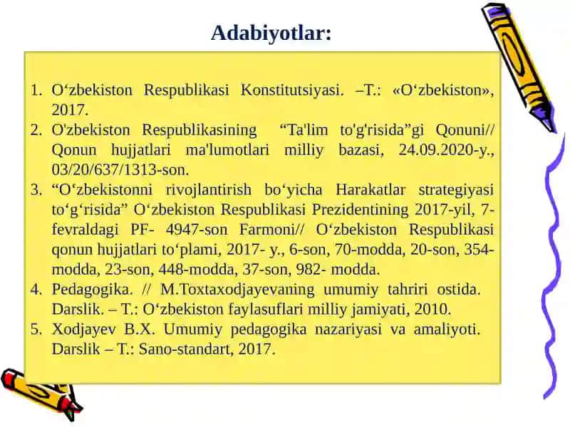 O‘zbekistonda ta’lim tizimi. Hozirgi davrda o‘qituvchilik kasbi va uning jamiyatda tutgan o‘rni. 3