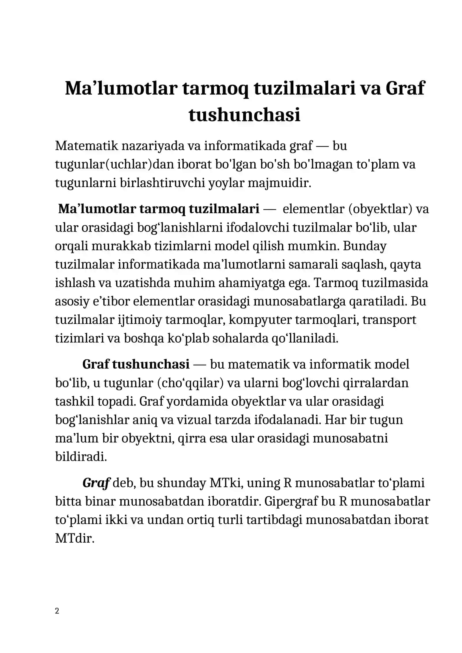 Maʻlumotlar tarmoq tuzilmalari. Graf tushunchasi va uning ko‘rinishlari 3