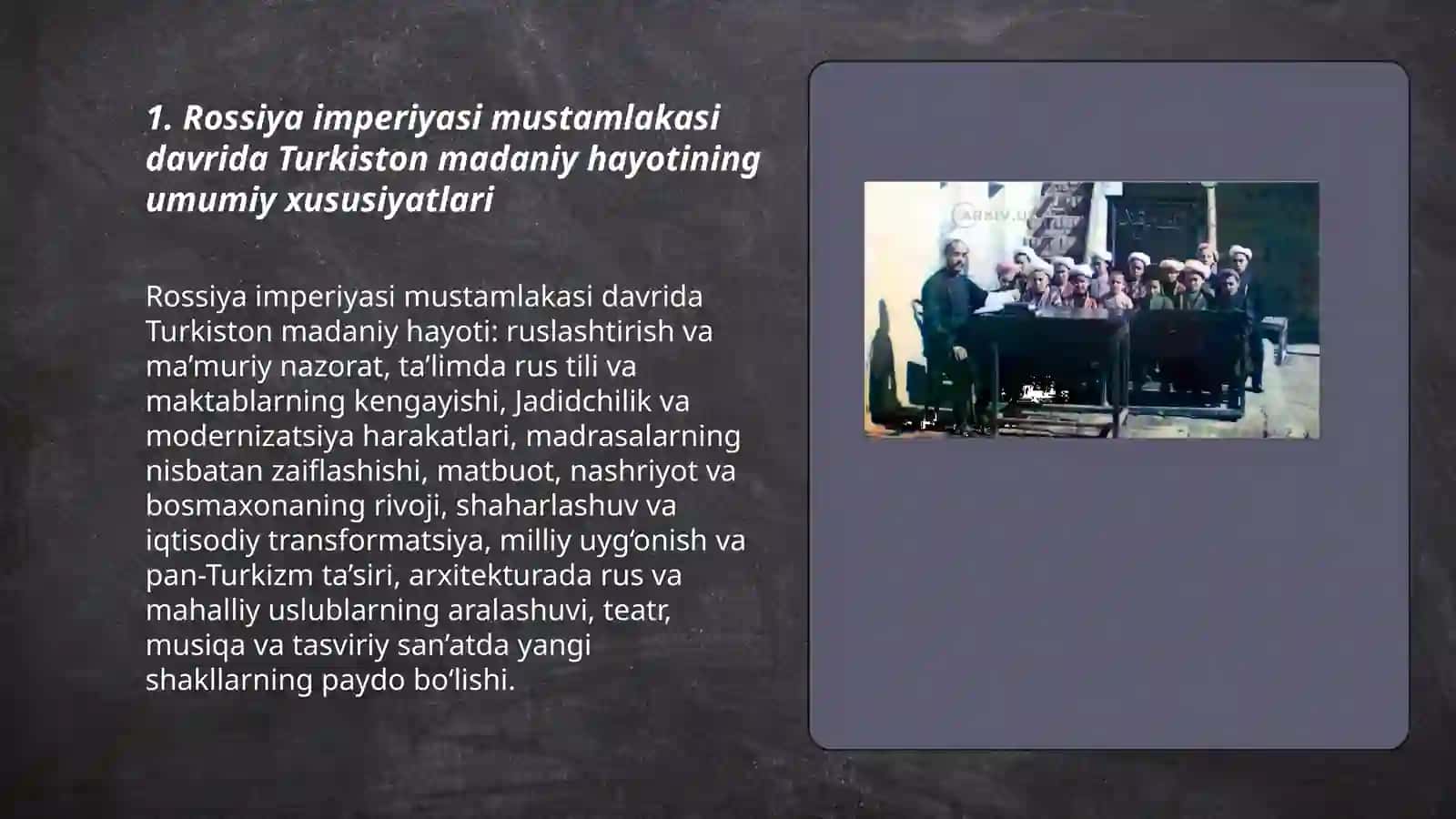 ROSSIYA IMPERIYASI MUSTAMLAKASI DAVRIDA TURKISTONDA MADANIYAT VA SAN’AT 3