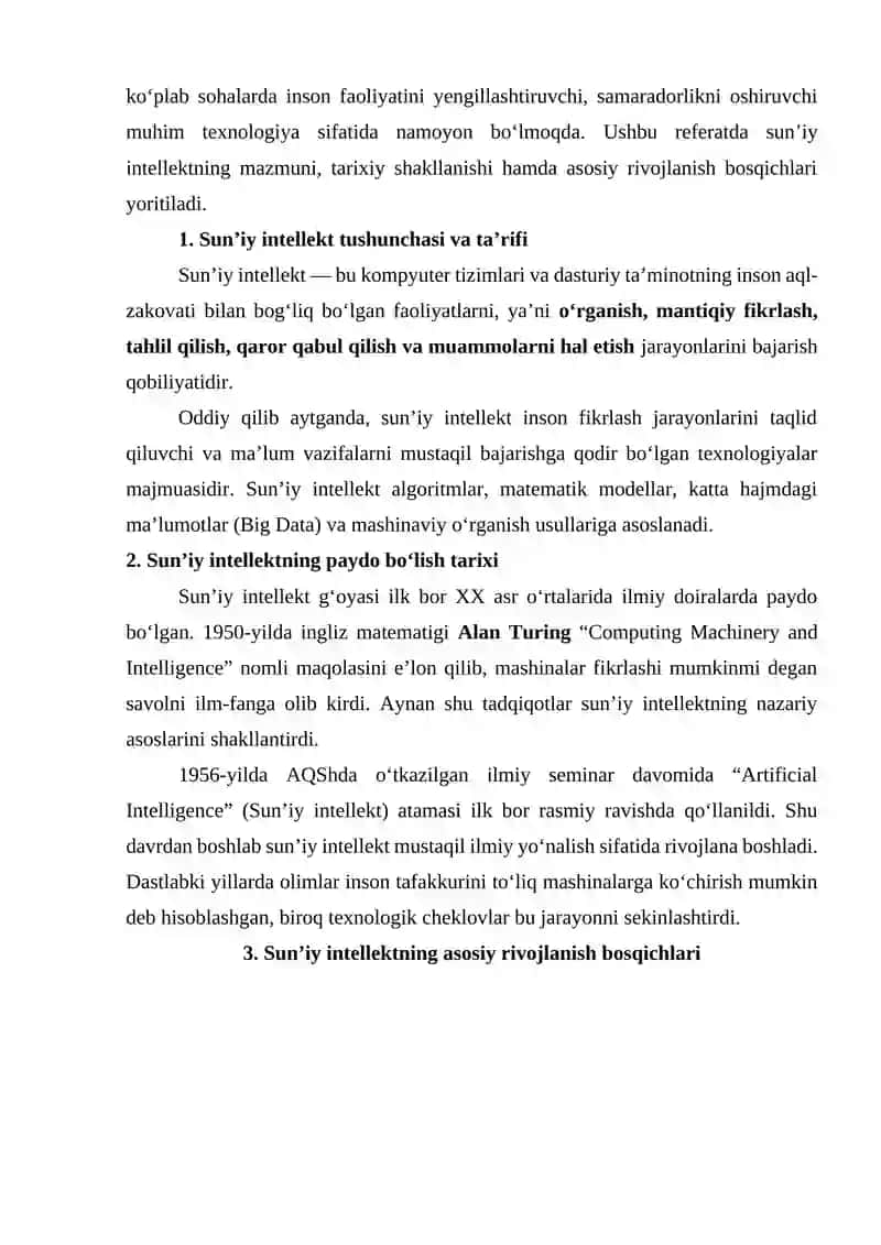 SUN’IY INTELLEKTNING TA’RIFI, PAYDO BO‘LISH TARIXI VA ASOSIY RIVOJLANISH BOSQICHLARI 3
