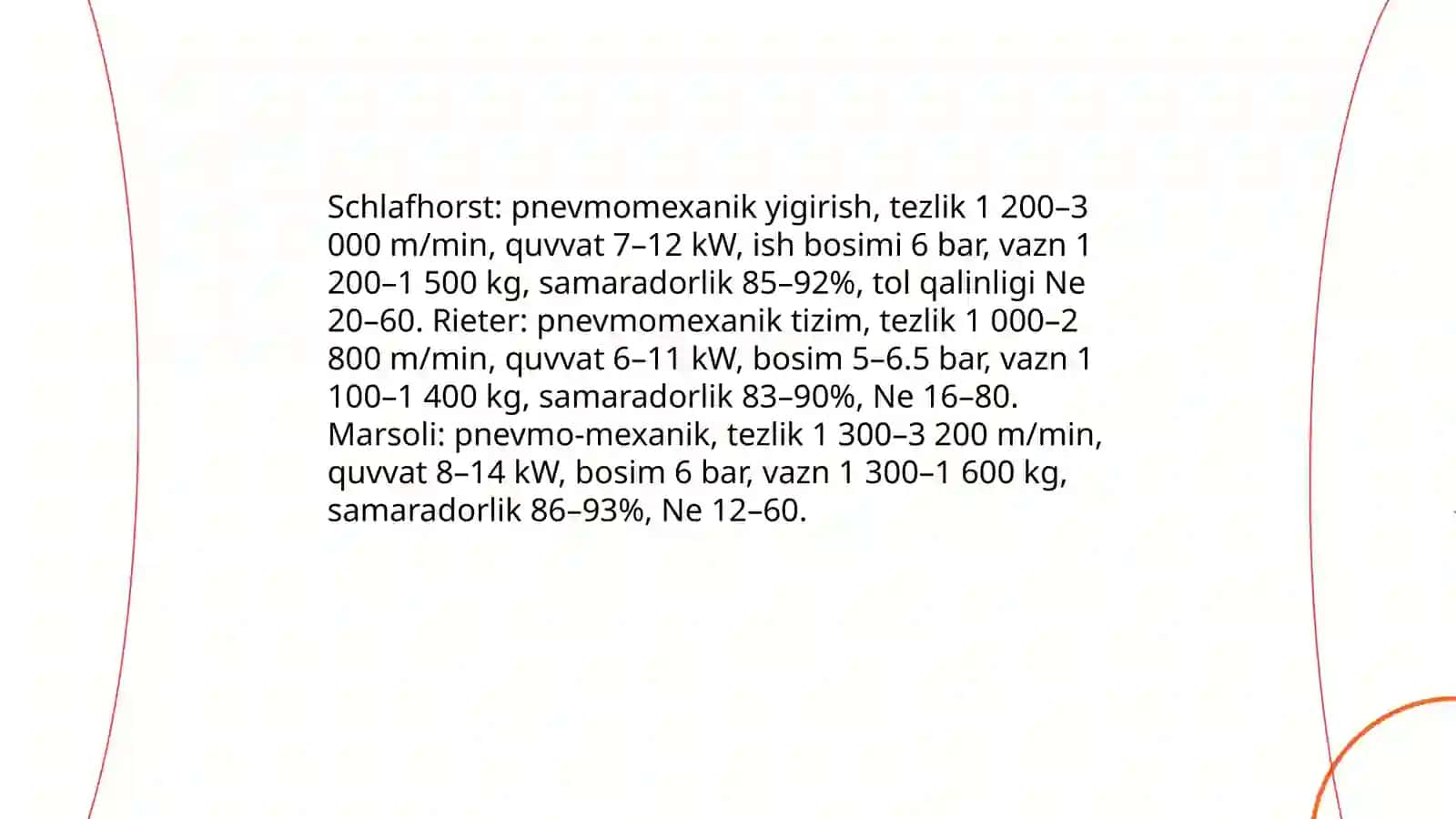 Schlafhorst, Rieter, Marsoli pnevmomexanik yigirish mashinalari qiyosiy tahlili 3
