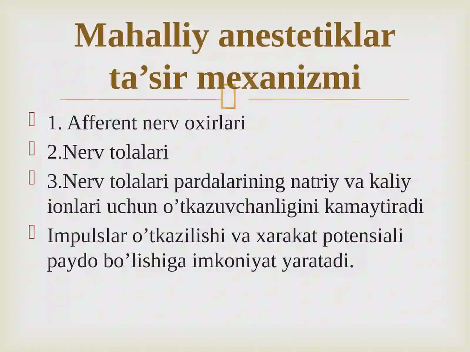 Terapevtik stomatologiyada qo’llaniluvchi anestetiklar. Terapevtik stomatologiyada og’riqsizlantirish. Usullar va o’tkazish texnikasi. 3
