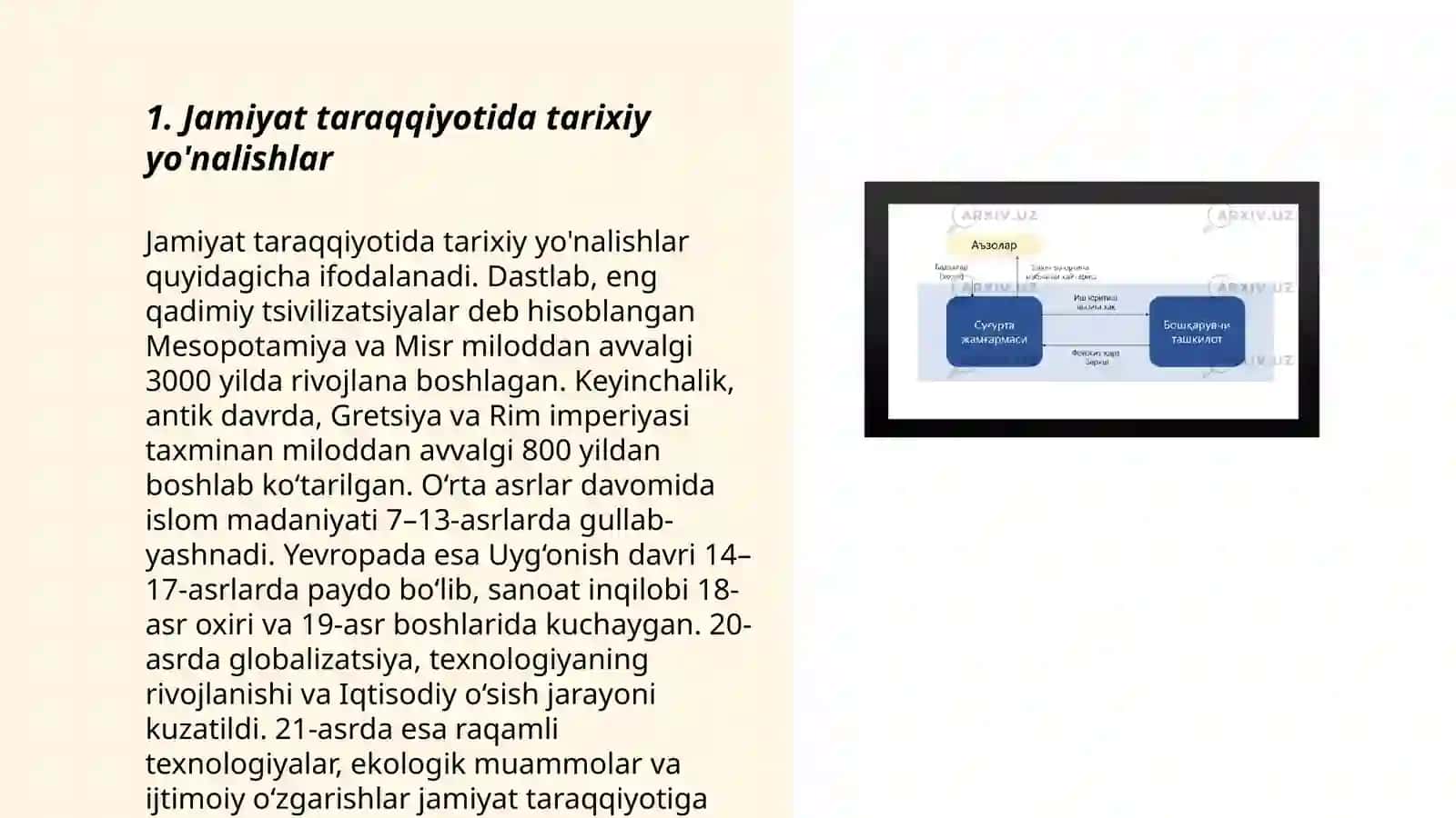 Jamiyat taraqqiyotida tarixning mazmuni yoʻnalishlari va konvestitsiyalari 3