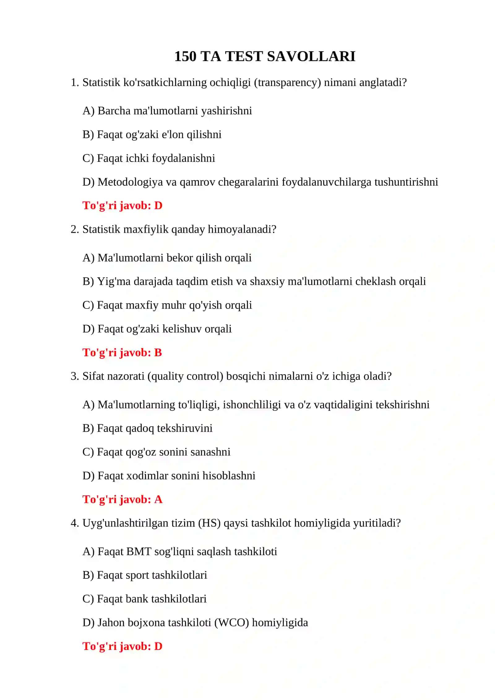 BOJXONA STATISTIKASI IMTIHON TESTLARI 3