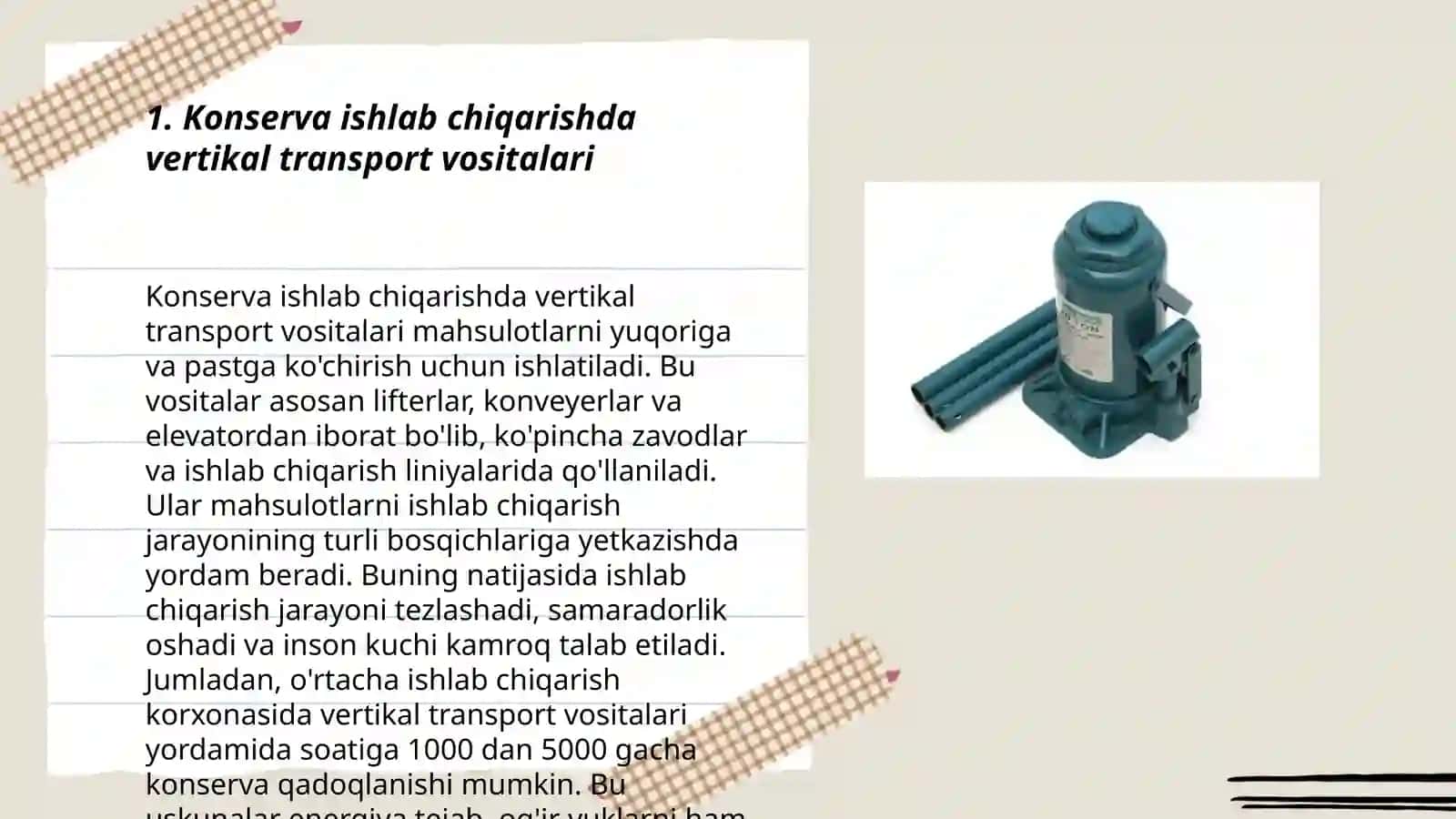 Konserva korxonalaridagi vertikal ishlaydigan vositalar Abdinazarova Gulnoraning taqdimoti 3