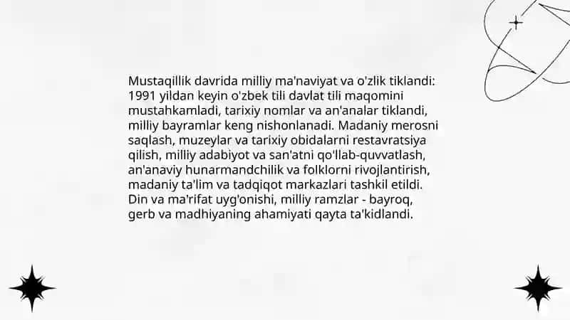Mustaqillik yillarida O'zbekistondagi ma'naviy va madaniy tarqqiyot Davronov Shohjahon 3