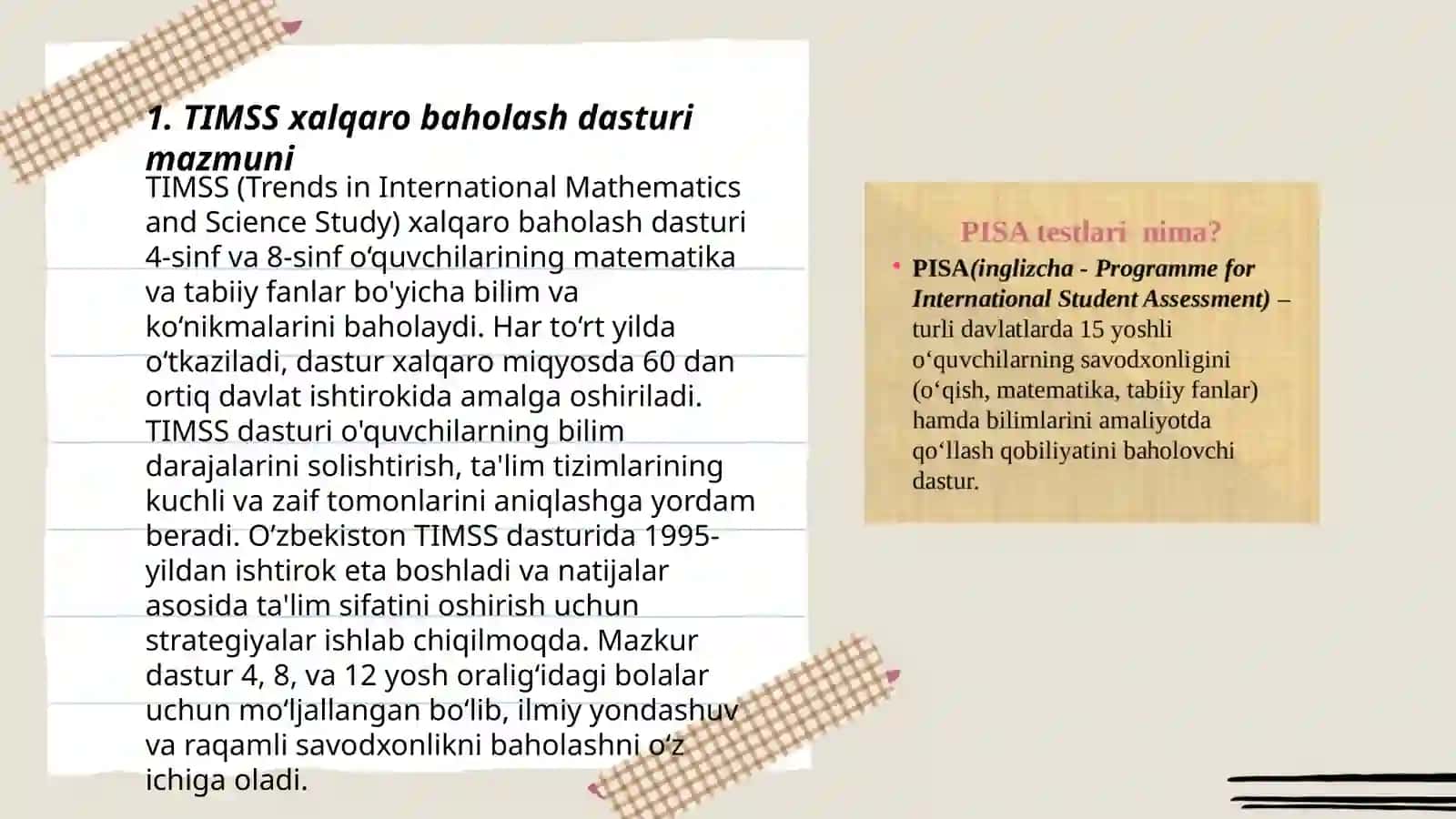 TIMSS xalqaro baholash dasturi mazmuni. TIMSS topshiriqlarini tuzish. TIMSS topshiriqlarini baholash 3