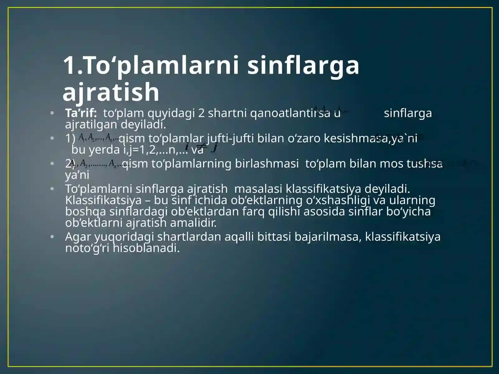 To’plamalrni sinflarga ajratishga oid misollar 3