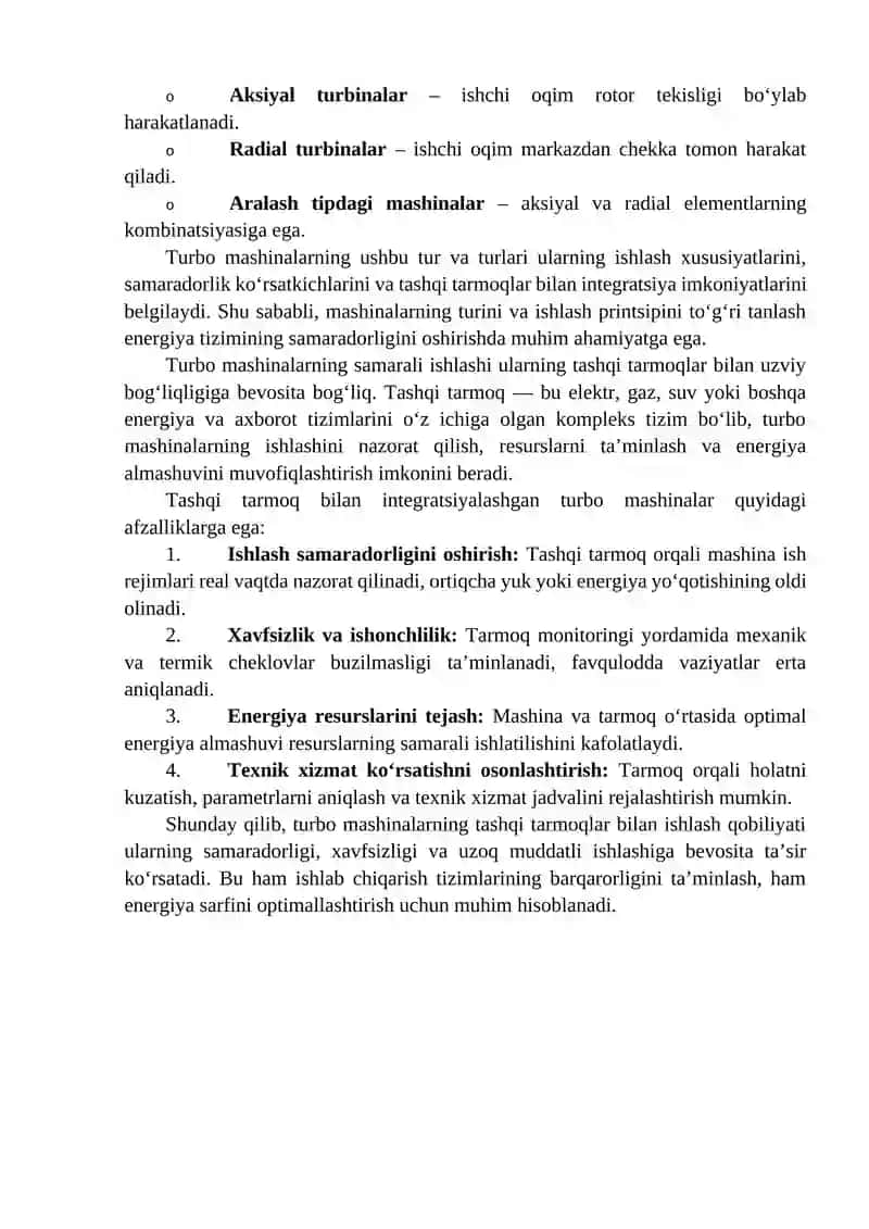 Turbo mashinalarni tashqi tarmoq bilan birgalikda ishlashi, ish rejimi va unga qo'yiladigan talablar 3