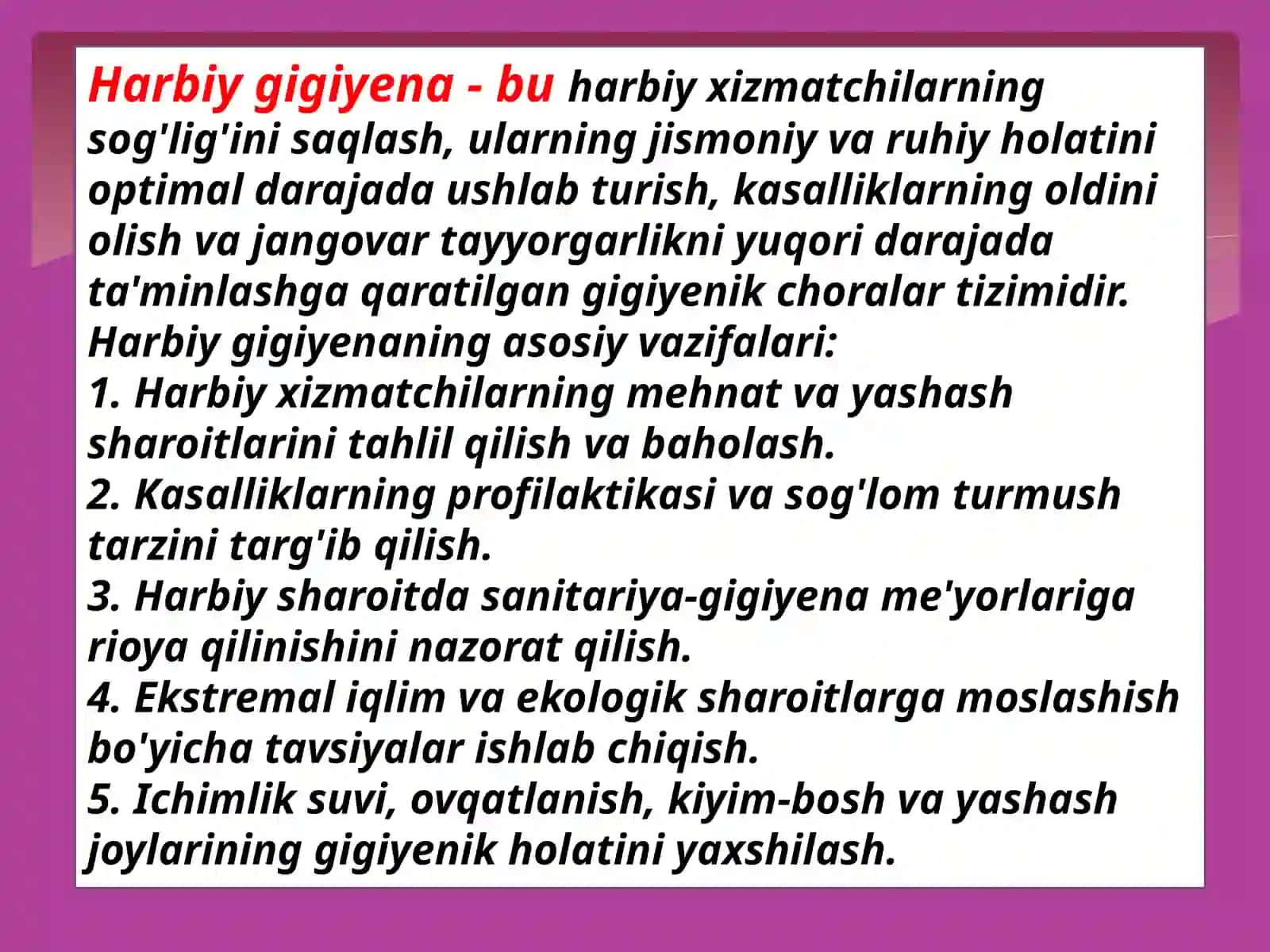 Harbiy Gigiyeana va harbiy xizmatchilarning mehnat sharoitlari 3