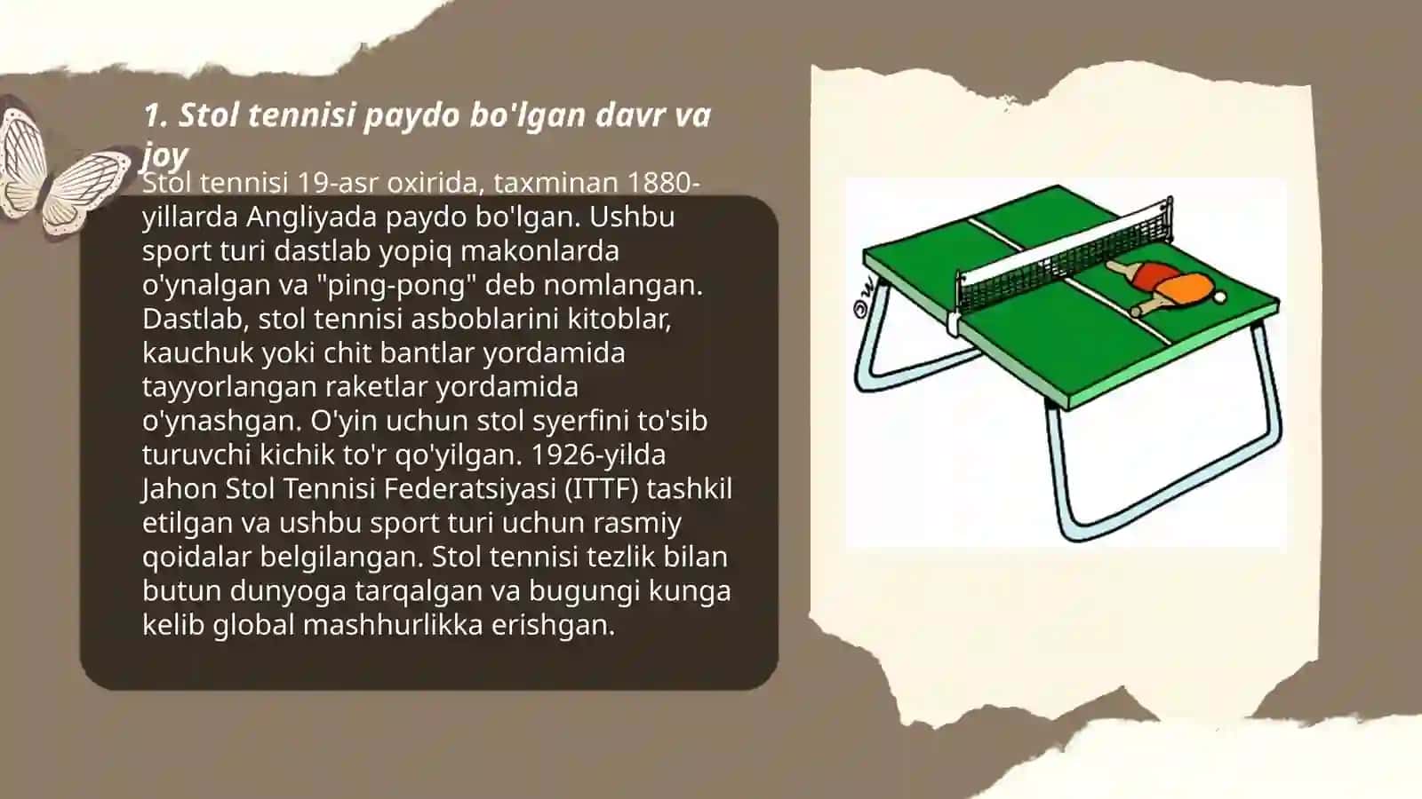 Stol tennisi rivojlantirish tarixi va o'lchamlari 3