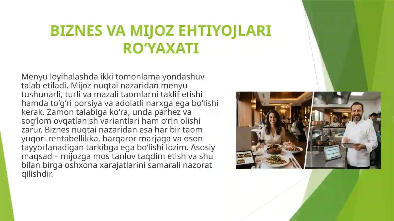 Ehtiyojlarni qondiradigan muvozanatli menyular biznes va mijoz uchun 3