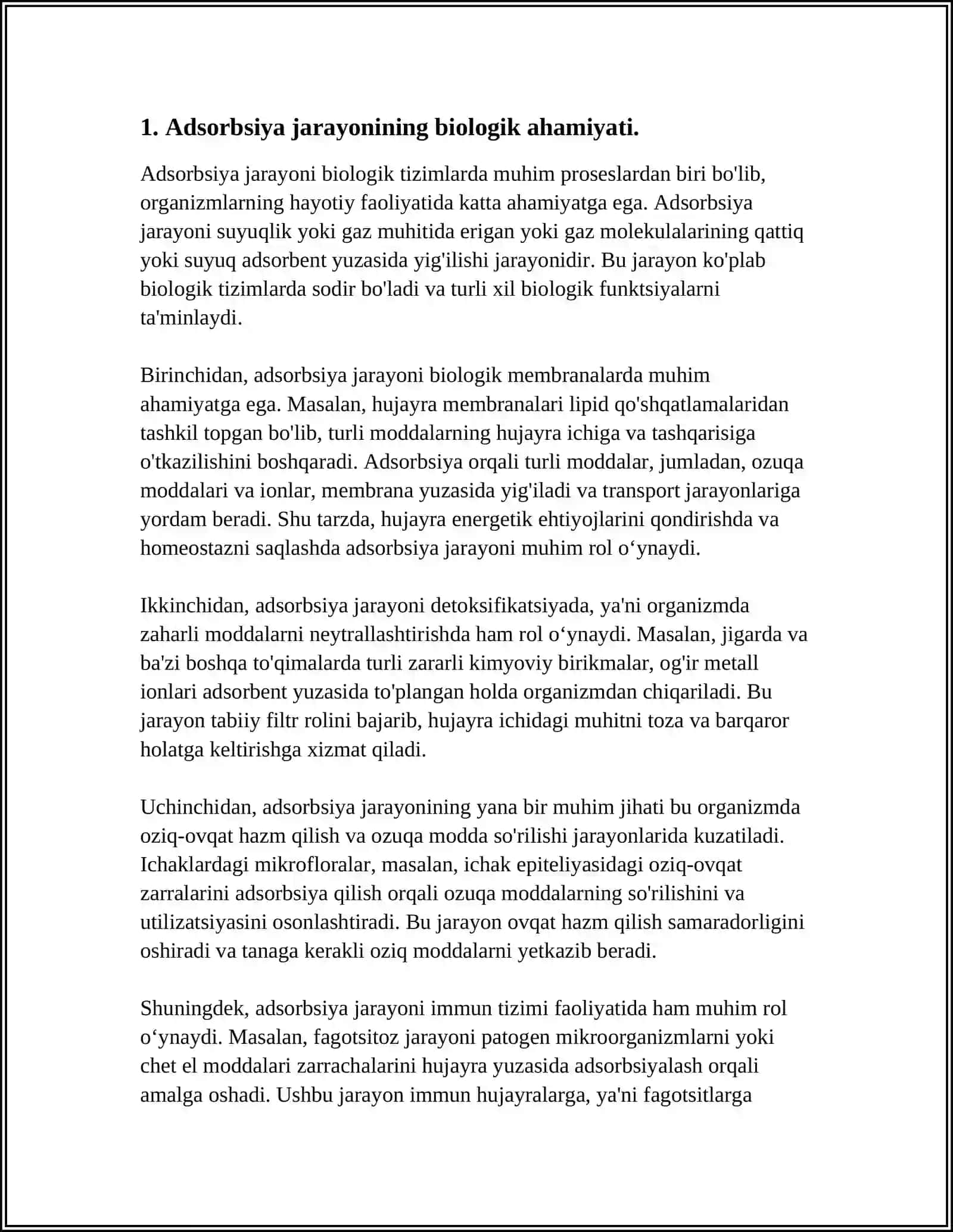 ORGANIZMNING HAYOT FAOLIYATIDA VA DAVOLASH USULLARIDA ADSORBSIYA JARAYONINING AHAMYATI 3