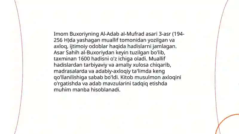Imom Buxoriyning Al-Adab al-Mufrad asari bo'yicha konspeklashtirish va esse tayyorlash 3