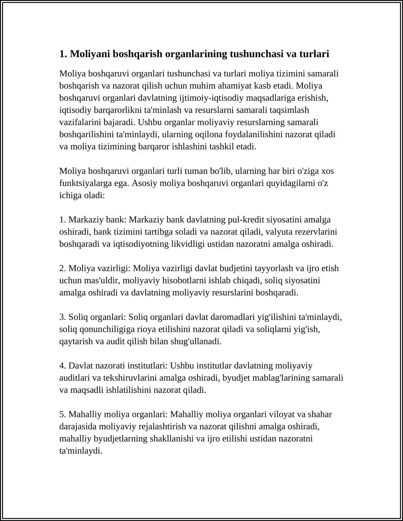 MOLIYANI BOSHQARISH ORGANLARI, ULARNING ASOSIY VAZIFALARI, HUQUQ VA KAFILLIKLARI 3