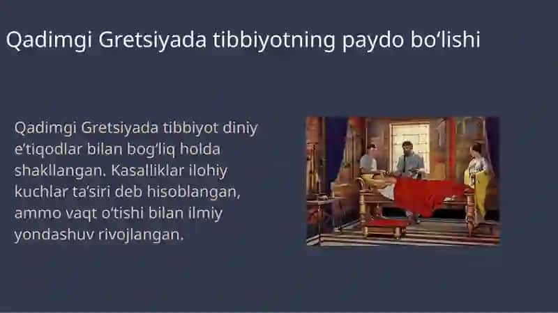 Rim va Gretsiyada davolashning qadimiy usullari, antik davr tabiblari, tibbiyot maktablari, amaliy tajribalar hamda ularning zamonaviy tibbiyot rivojiga qo‘shgan hissasi. 3