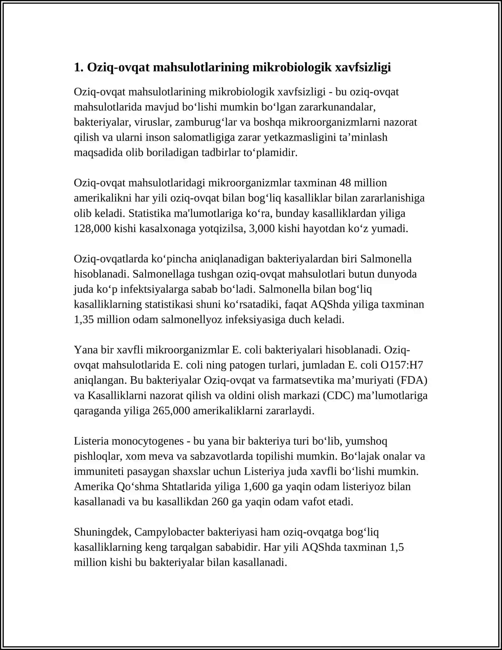 OZIQ OVQAT MAHSULOTLARINING BIOLOGIK MIKROBIOLOGIK HAVFSIZLIGINI TA'MINLASH VA MIKROORGANIZMLARNI FAOLIYATINI OʻRGANISH 3