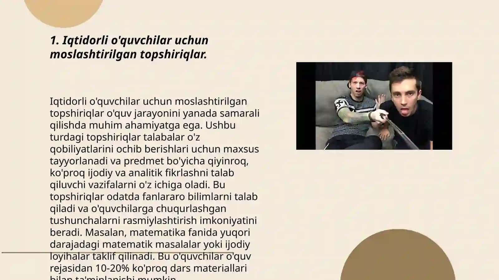 Past o'zlashtiruvchi o'quychilar bilan ishash to'garaklarida foydalaniladigan şamarali metodlardan namuna ishlab chiqish. Iqtidorli o'quvchilar bilan ishlashjuchun topshiriqlar tuzish 3