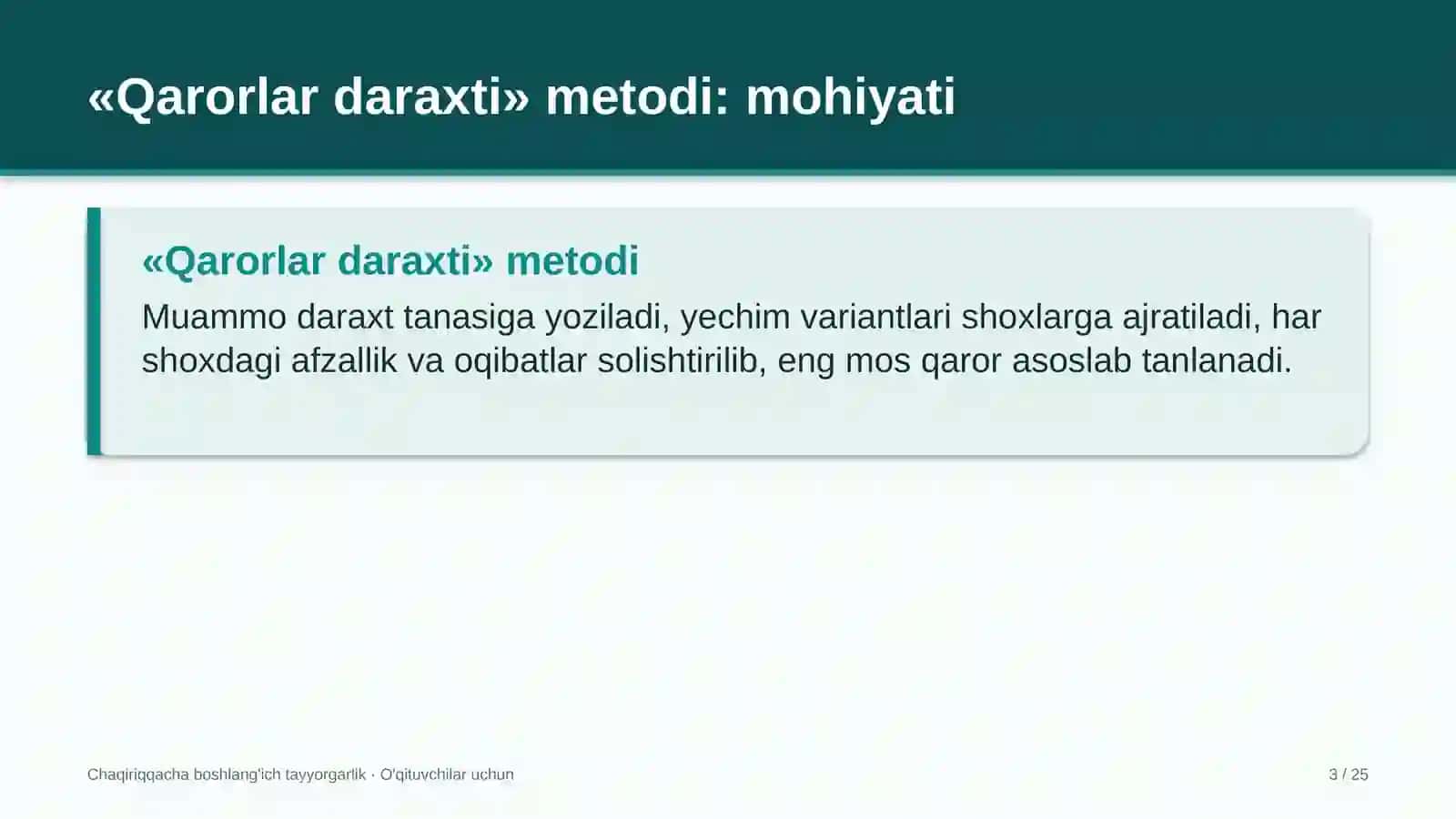 chaqiriqqacha boshlang'ich tayyorgarlik darslarida qarorlar daraxti metodidan foydalanish 8001 3