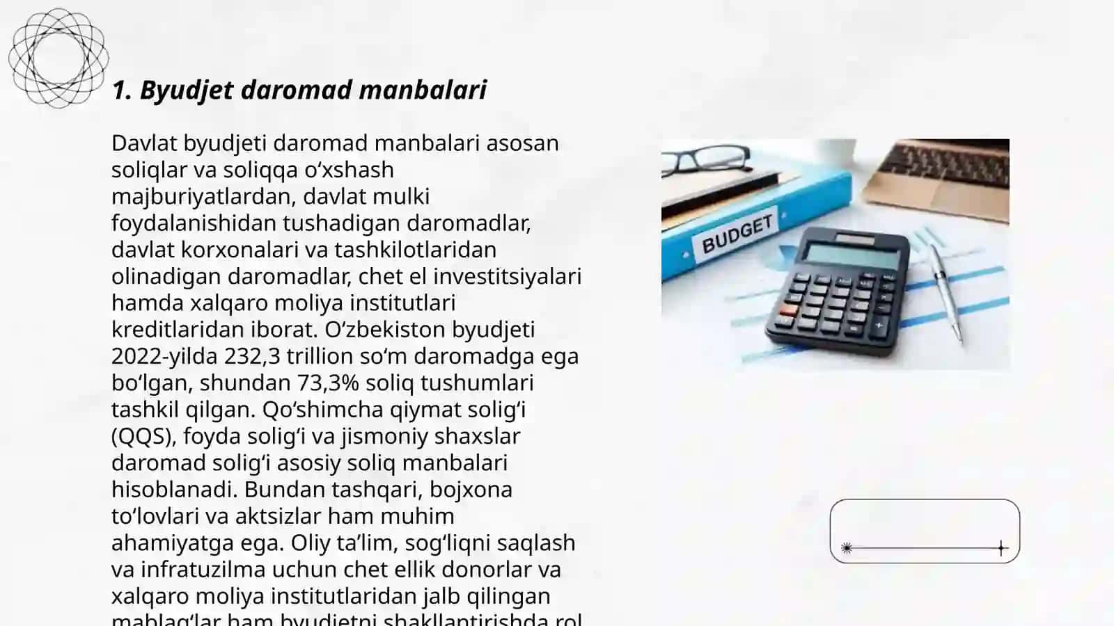 Byudjet tizimi byudjetlarining daromadlari va xarajatlari 3