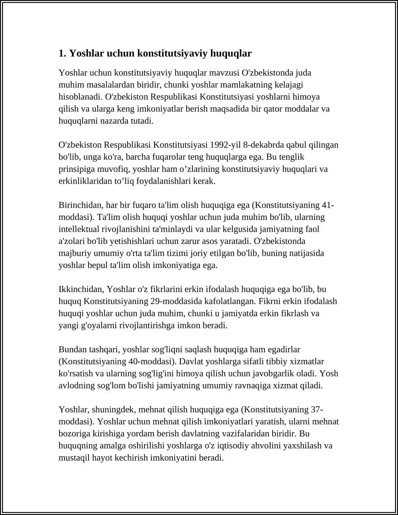 MUSTAQIL ISH Mavzu: OILA BOLALAR YOSHLARGA OID KOSTUTSIYAVIY HUQUQIY ASOSLARI 3