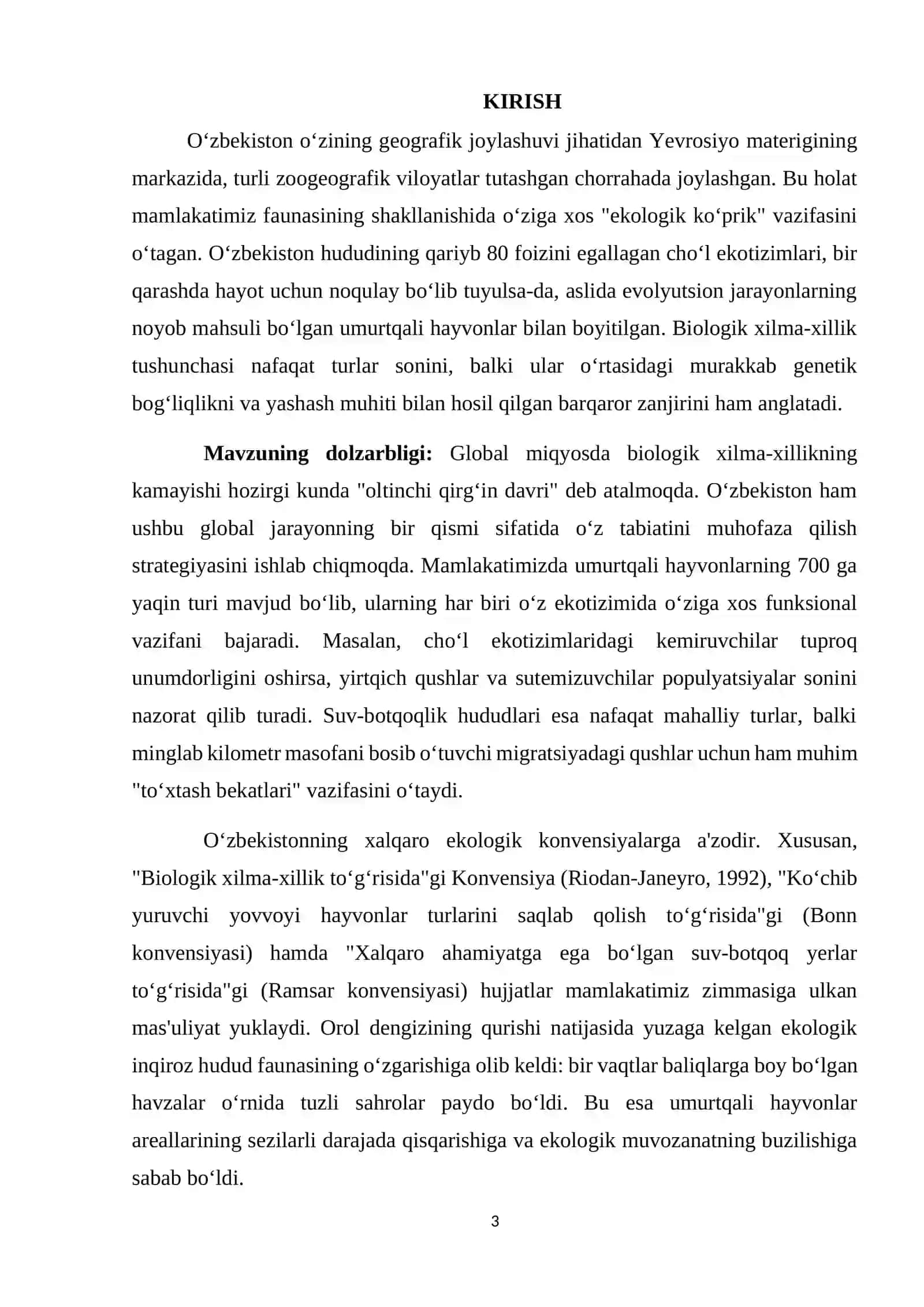 Oʻzbekistonda uchraydigan umurtqali hayvonlarning biologik xilma-xilligi va ekotizimlar (choʻl,tog’ va tog’oldi,oʻrmon suv havzalari) boʻyicha tarqalishi 3