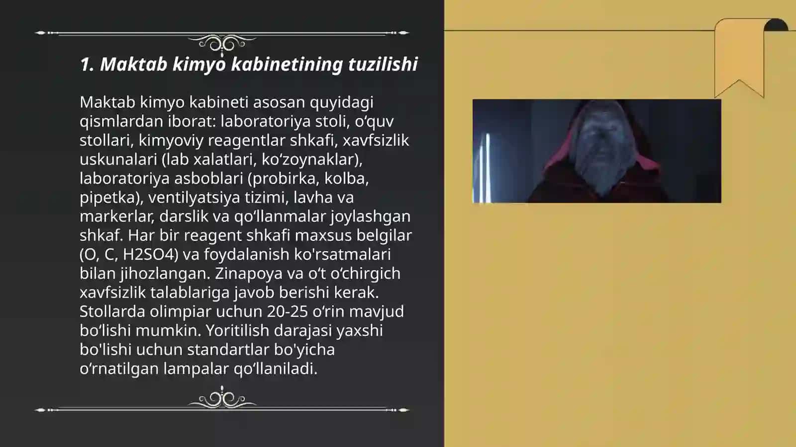 Maktab kimyo kabineti va uning vazifalari. Kimyo kabinetidagi xavfsizlik texnikasi va mehnatni ximoya qilish masalalari 3