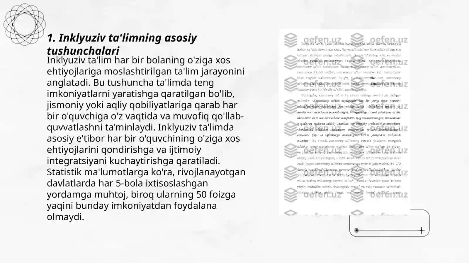 Inklyuziv ta'limning tamoyillari va inklyuziv taʼlim mazmunini yoritish uchun nogironlikka ega bo'lgan mashhur shaxslar Egamberdiyeva Nigora 3