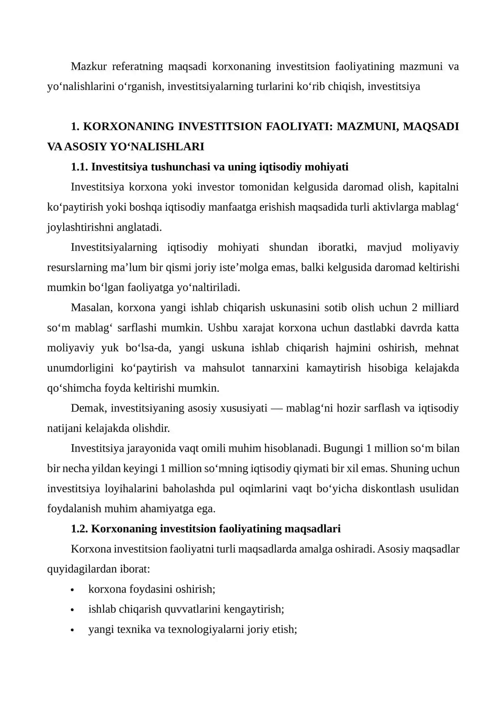 KORXONANING INVESTITSION FAOLIYATI VA INVESTITSIYALARNING IQTISODIY SAMARADORLIGINI QIYOSIY TAHLIL QILISH 3