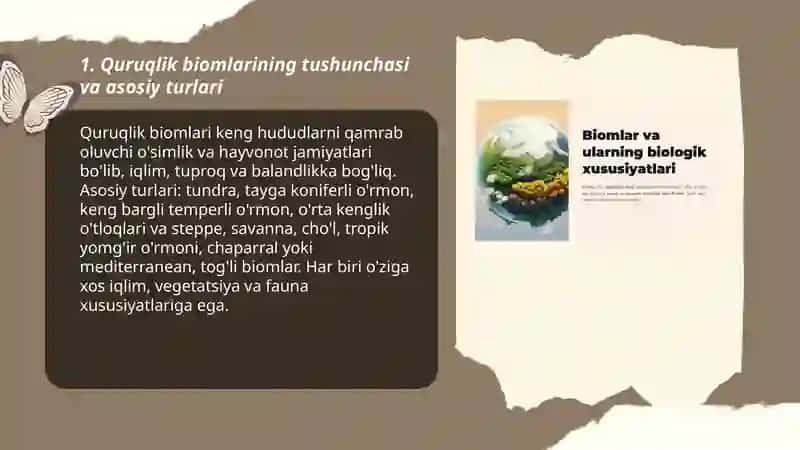 Quruqlik biomlarining asosiy turlari,zonali yer biomlarining joylashishi,oʻsimlik va faunasining xususiyatlari 3