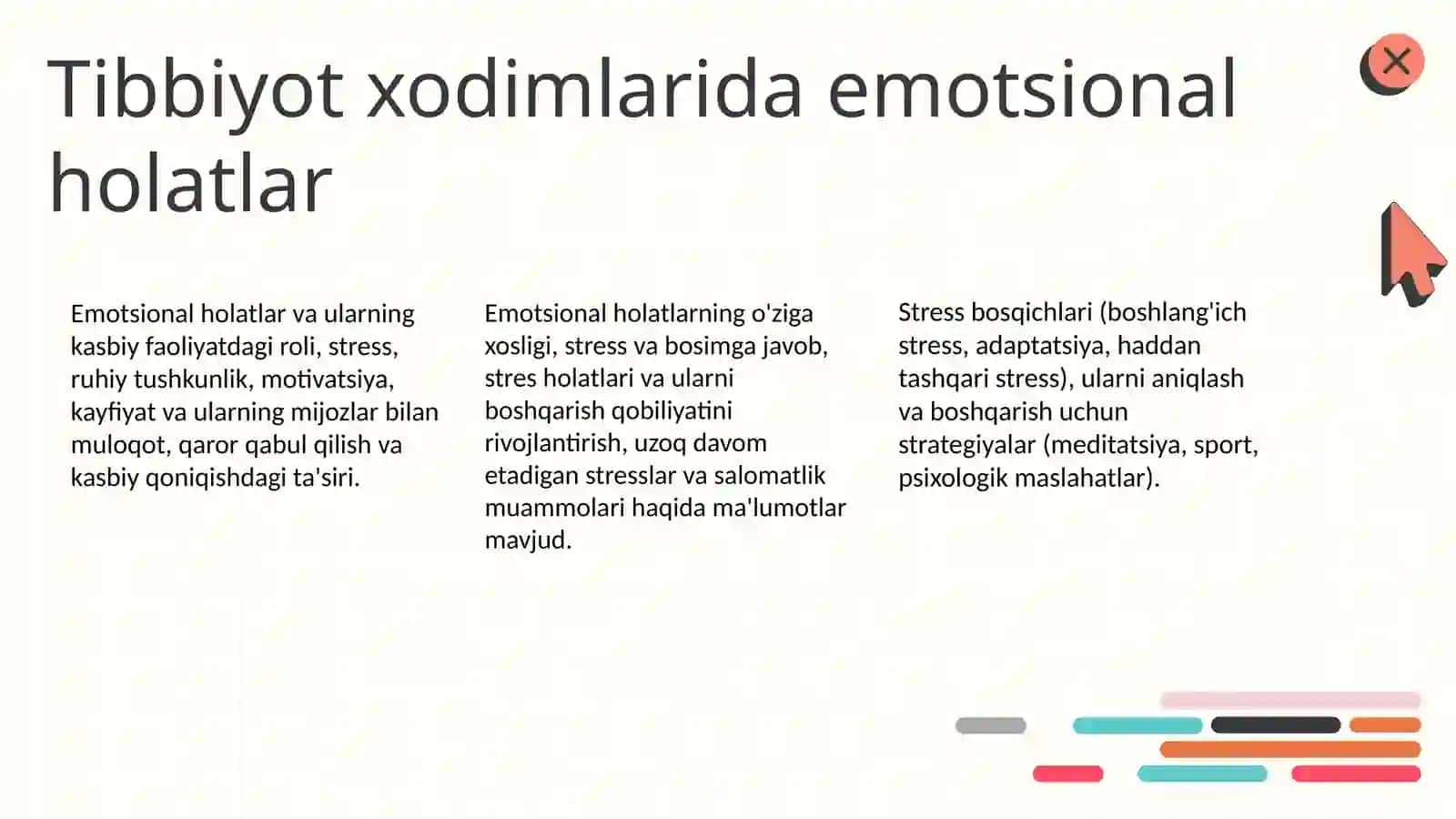 Tibbiyot xodimlarida emotsional holatlarning oʻziga xosligi. Stres va uning bosqichlari, bartaraf etish yoʻllari 3