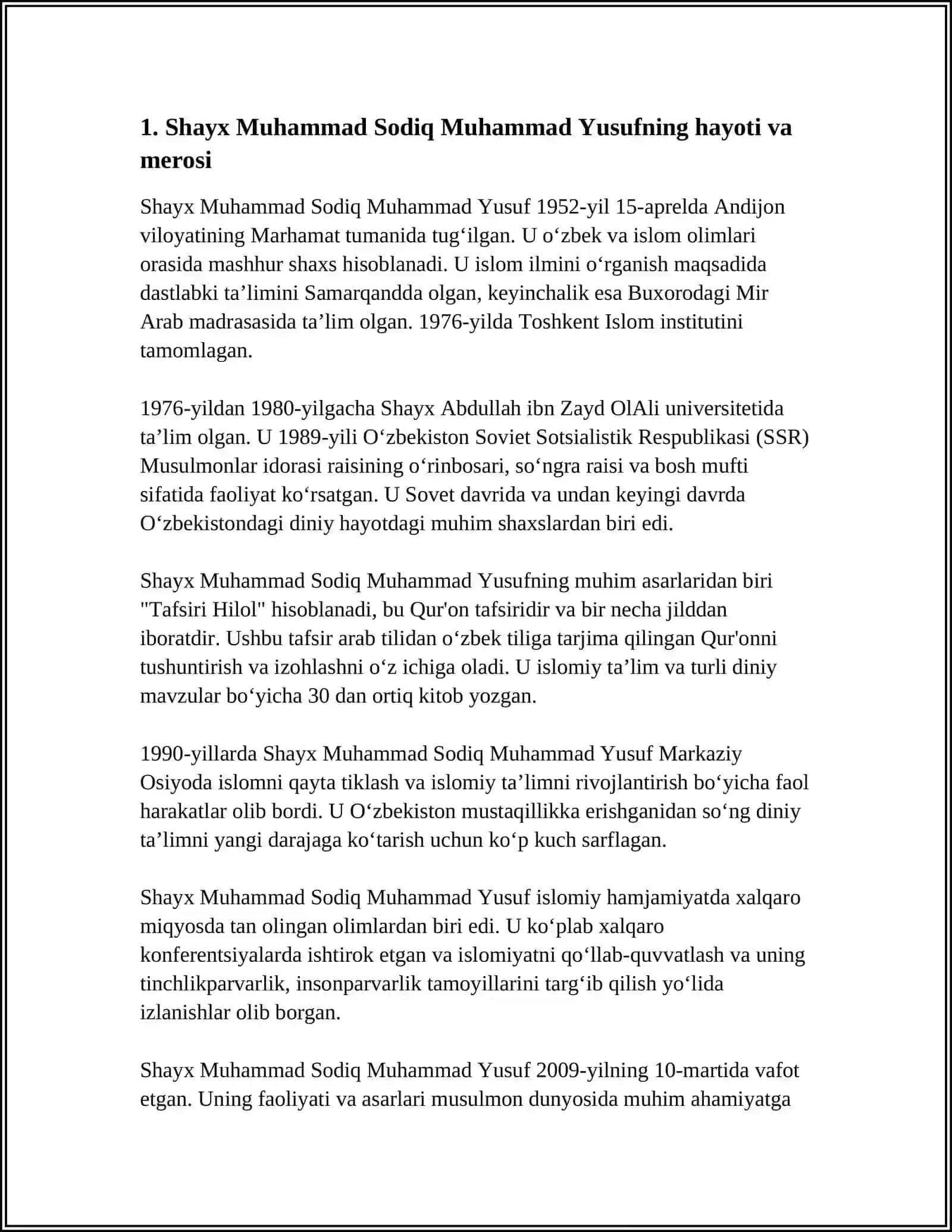 SHAYX MUHAMMAD SODIQ MUHAMMAD YUSUF ILMIY MEROSINING OʻRGANISHNING AHAMIYATI 3