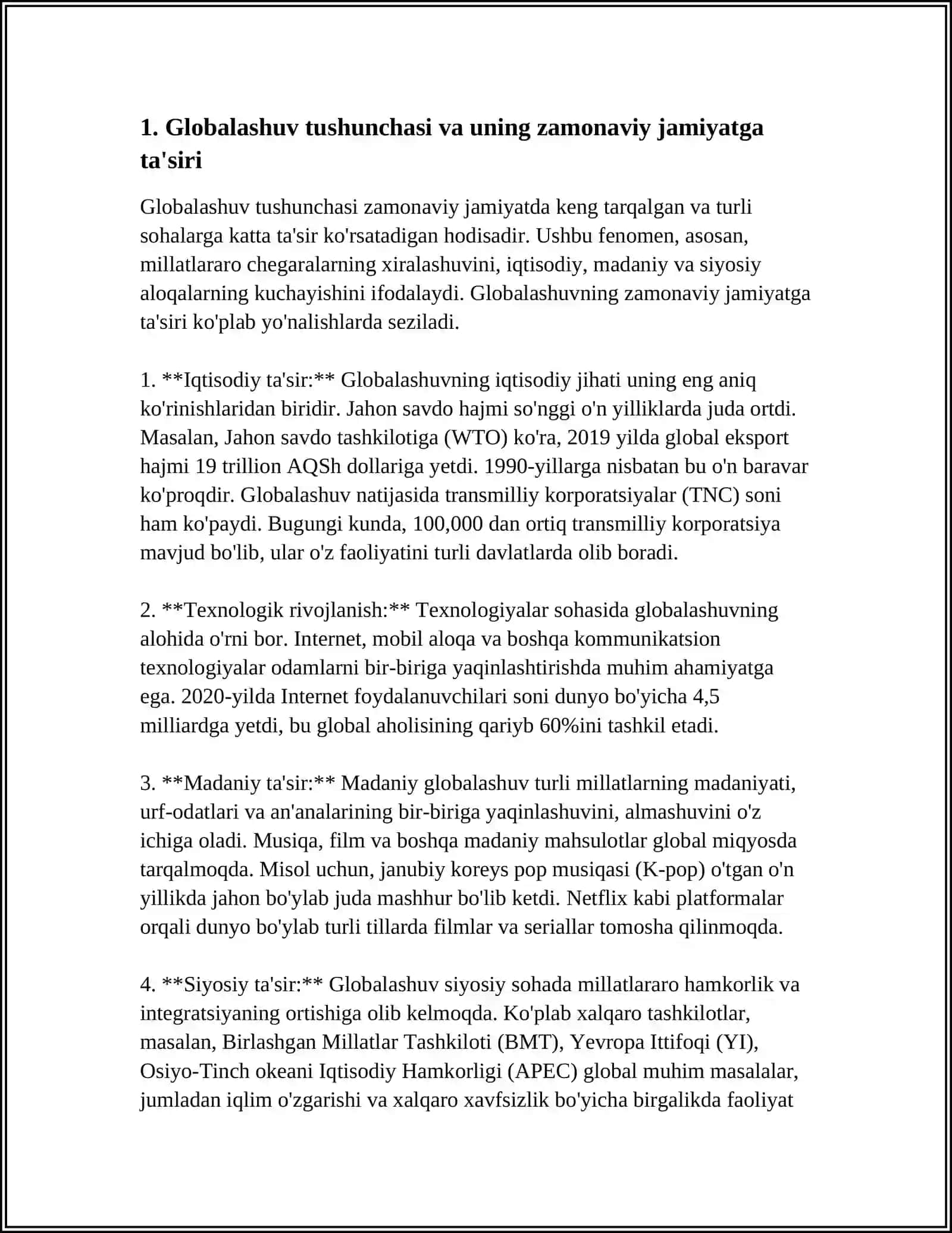 GLOBALLASHUV, GLOBALISTIKA VA BARQAROR TARAQQIYOTNING USTUVOR YOʻNALISHLARI MAVZUSIDA ESSE TAYYORLASH VA UNING TAQDIMOTINI OʻTKAZISH 3