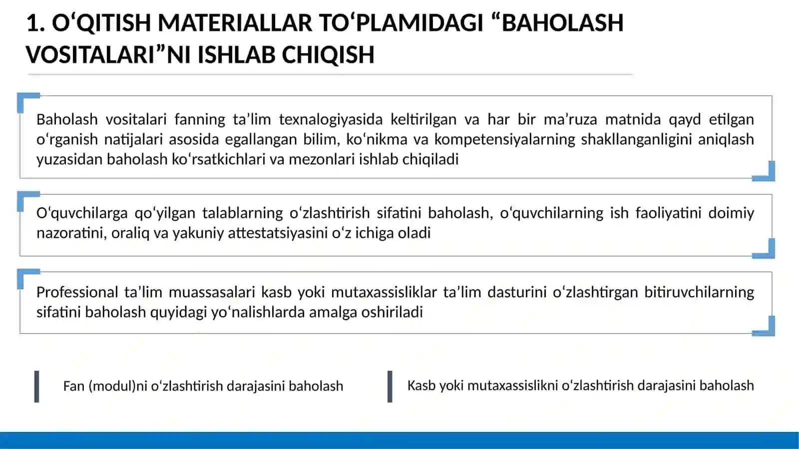O‘qitishmateriallarito‘plamidagi“Baholashvositalari”va“Vizual-didaktikresurslarni”ishlabchiqishhamdao‘qitishmateriallarito‘plaminirasmiylashtirish 3