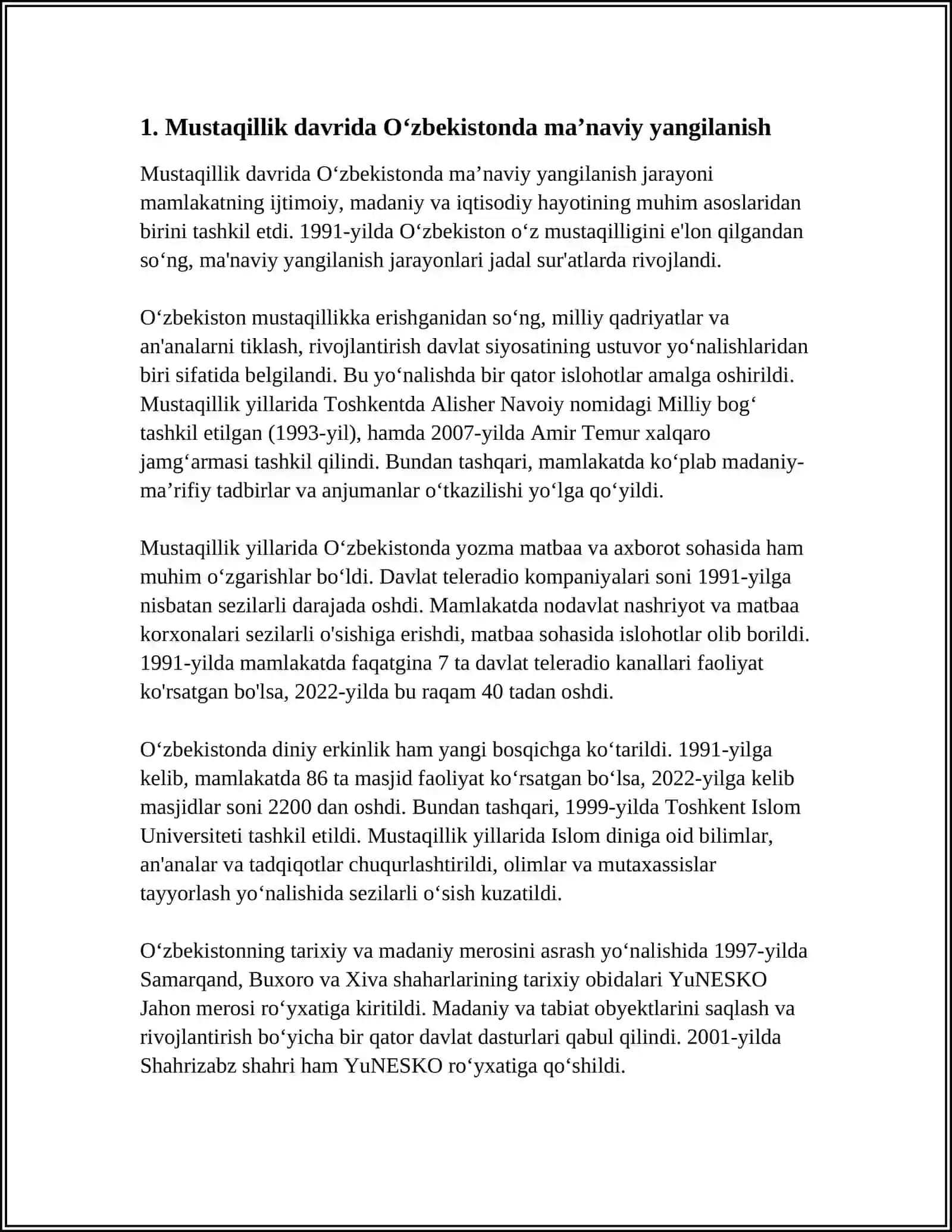 MUSTAQILLIK YILLARIDA O‘ZBEKISTONDAGI MA’NAVIY VA MADANIY TARAQQIYOT 3