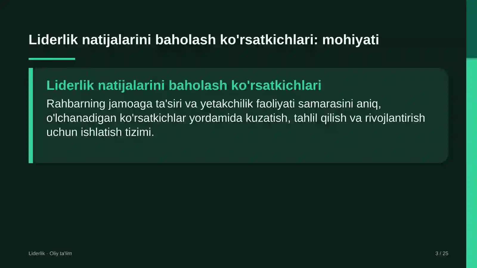 Yo'l xo'jaligida liderlik natijalarini baholash ko'rsatkichlari 3