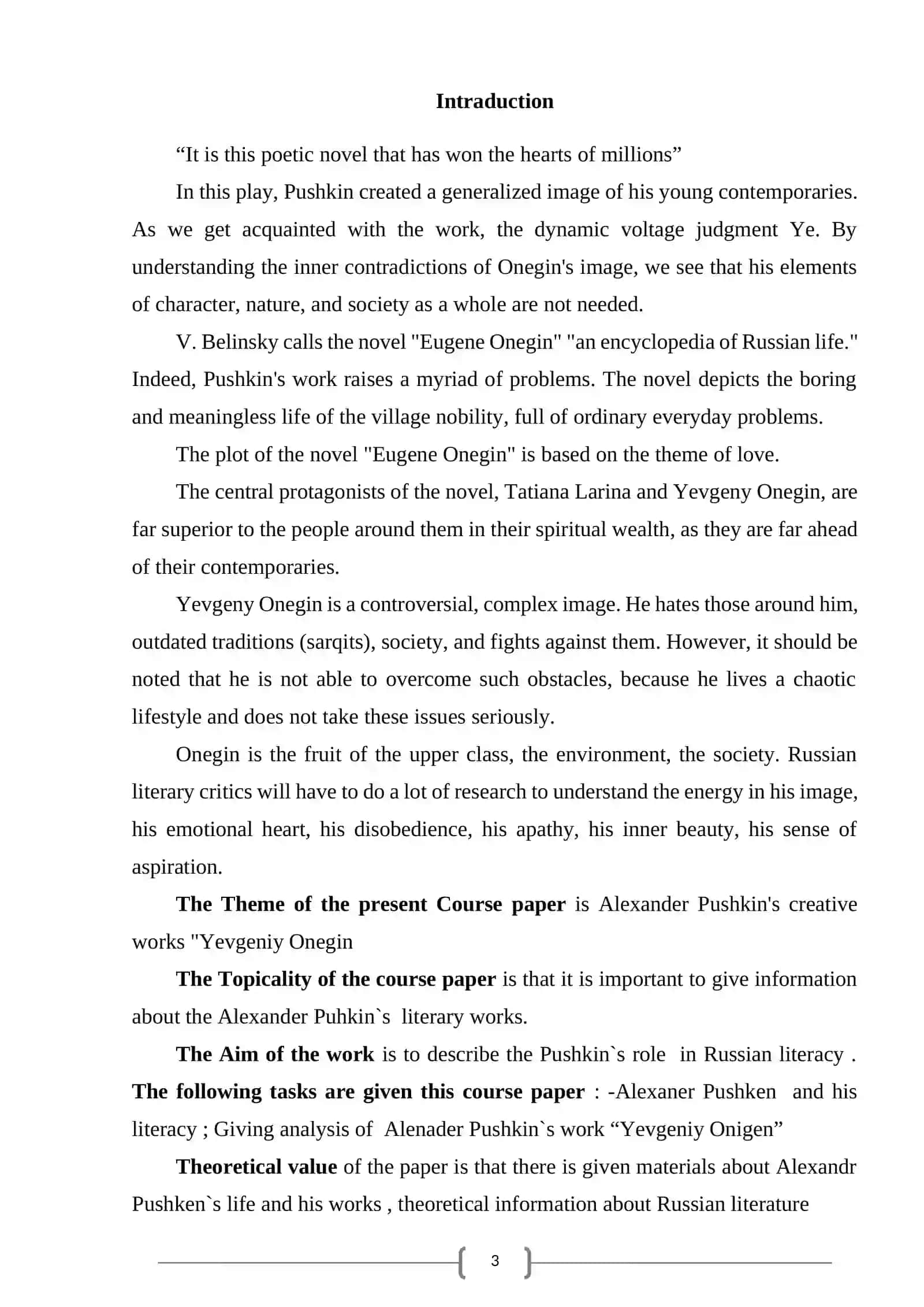 Theme: Alexander Pushkin's creative works "Yevgeniy Onegin" 3