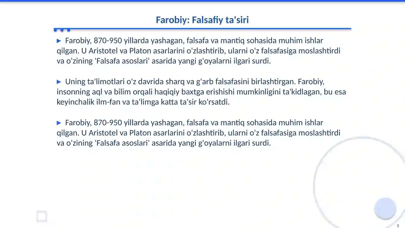 Farobiy, Ibn Sino, Beruniy,Mahmud Qoshgʻariy,Marg'iloniy, Zamaxshariylarning ilm-fan va kitobatchilik ishiga qo'shgan hissalari.Kitob tarixi fanidan 3