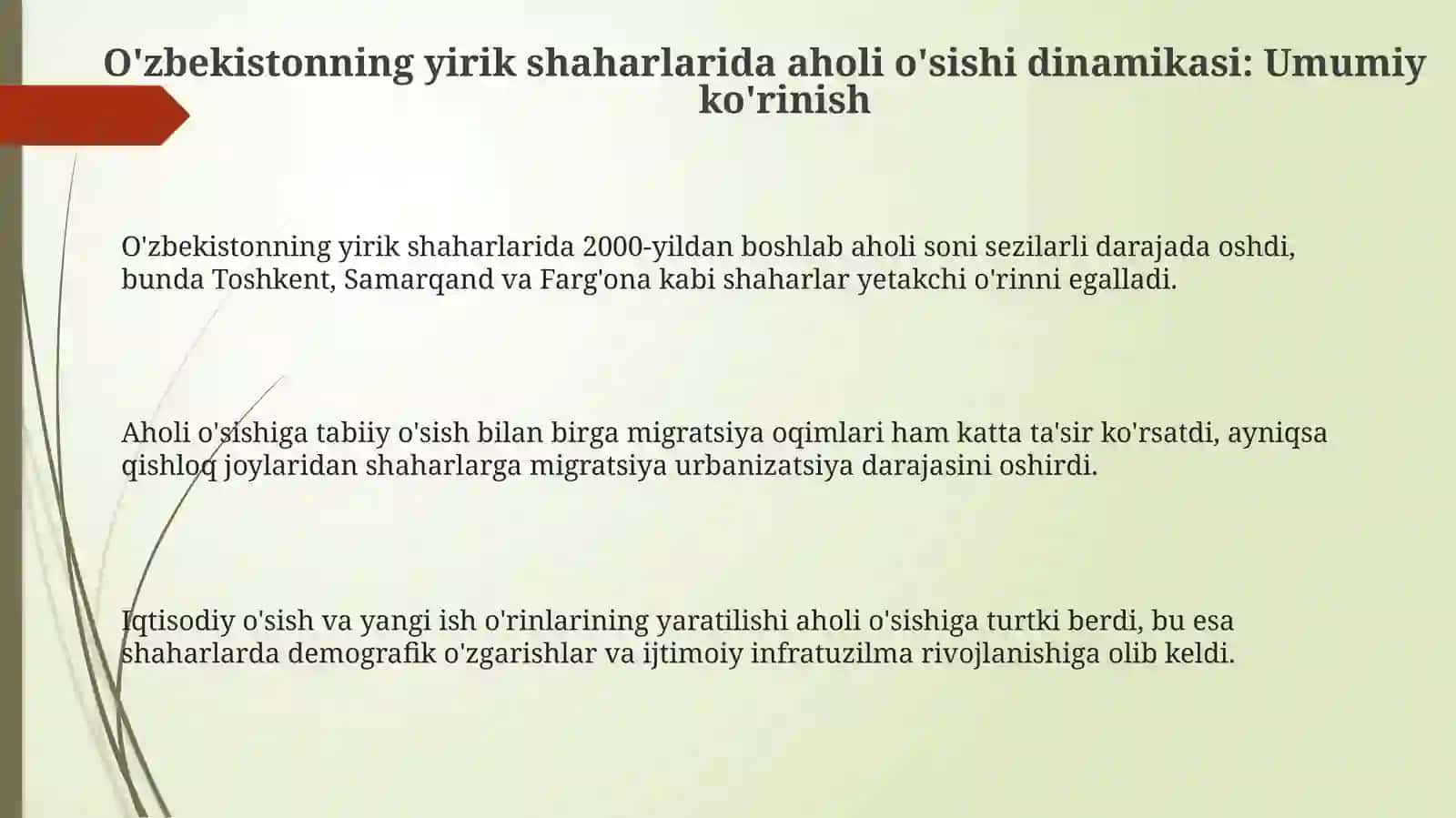 OʻZBEKISTON yirik va katta shaharlari aholisining oʻsishi dinamikasini chizmada tasvirlash 3