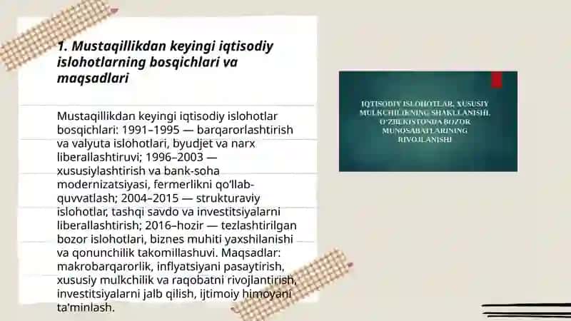 Iqtisodiy islohotlar, xususiy mulkchilikning shakllanishi. Oʻzbekistonda bozor munosabatlarining rivojlanishi 3