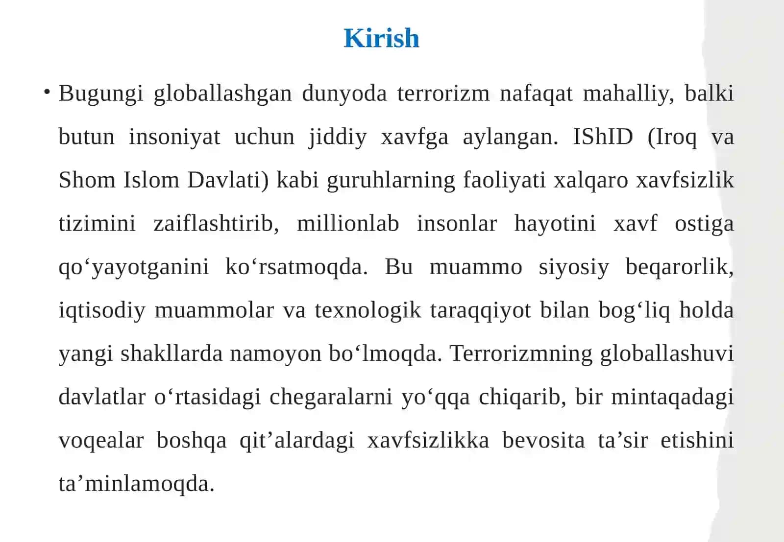 IShID muammosi va uning insoniyat boshiga solgan kulfatlari. Terror globallashuvini ta'min etuvchi omillar 3