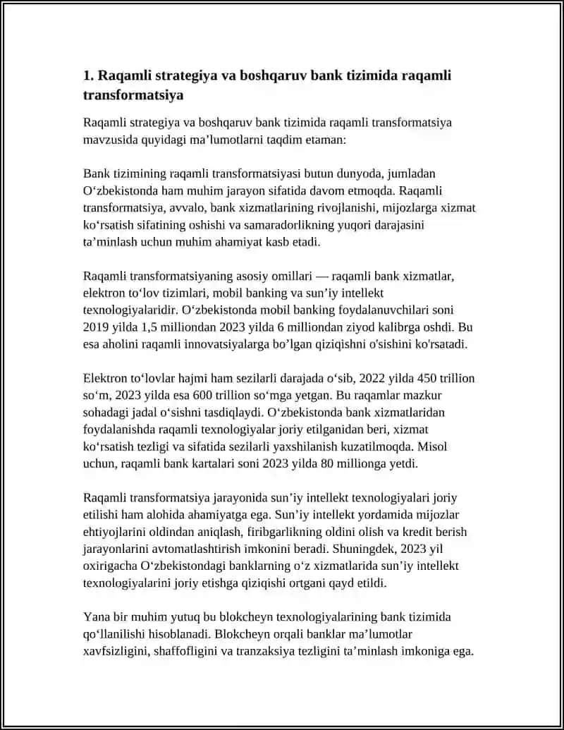 MUSTAQIL ISH Mavzu: BANK TIZIMIDA RAQAMLI TRANSFORMATSIYA 3