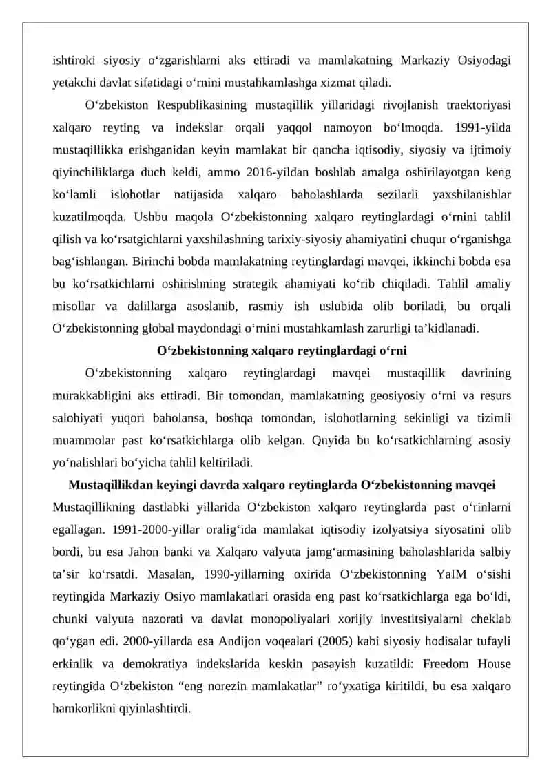 O‘zbekistonni xalqaro reytinglardagi ko‘rsatgichlarini ko‘tarishning tarixiy va siyosiy ahamiyati 3