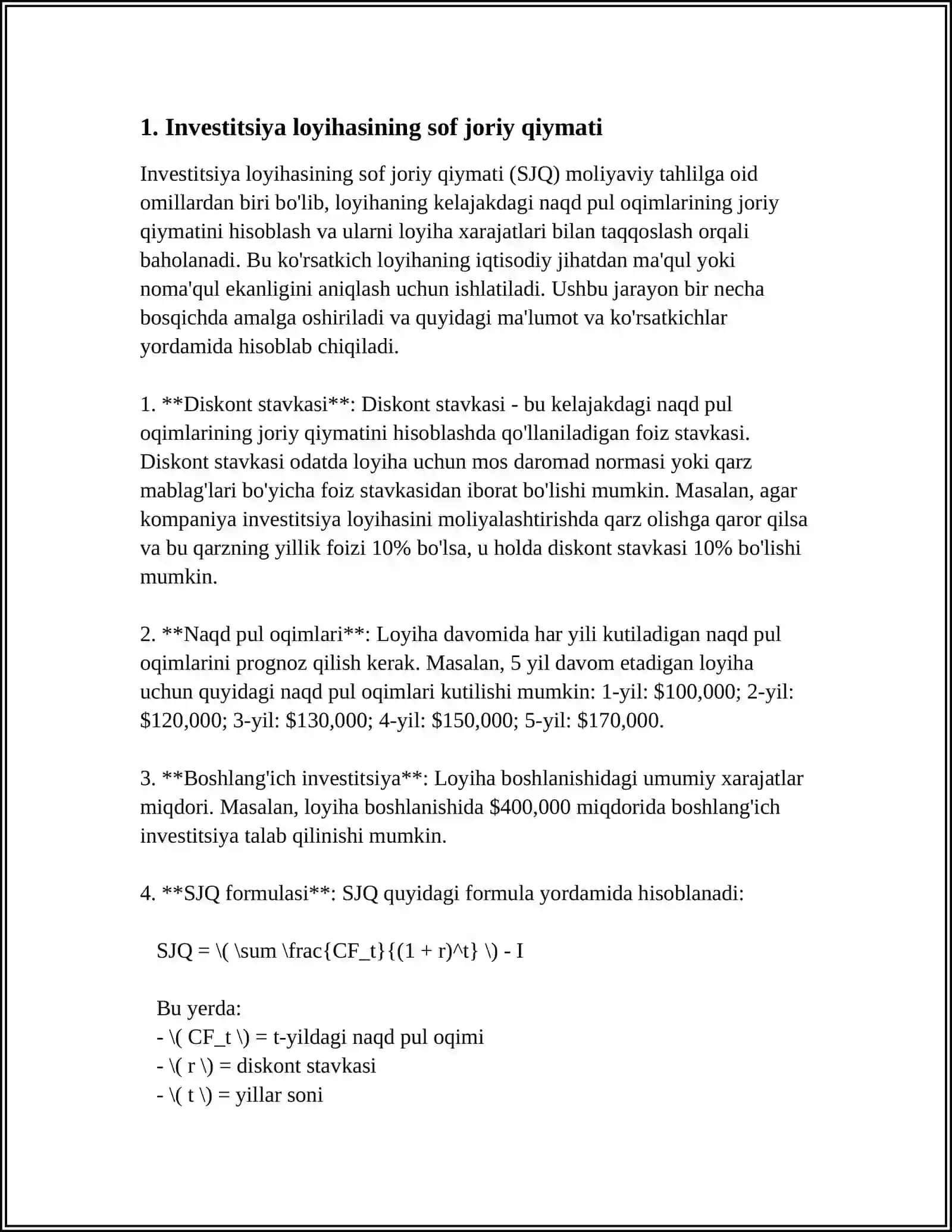 INVESTITSION LOYIHALARNING SAMARADORLIK KORSATKICHLARI 3
