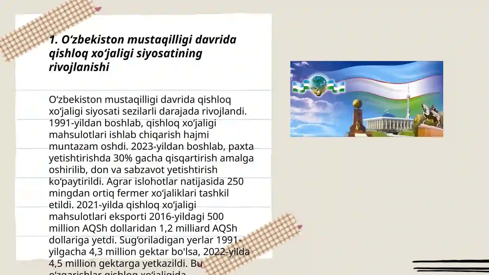 O'zbekiston mustaqilligining qishloq xojaligi va sanoatidagi tasiri 3