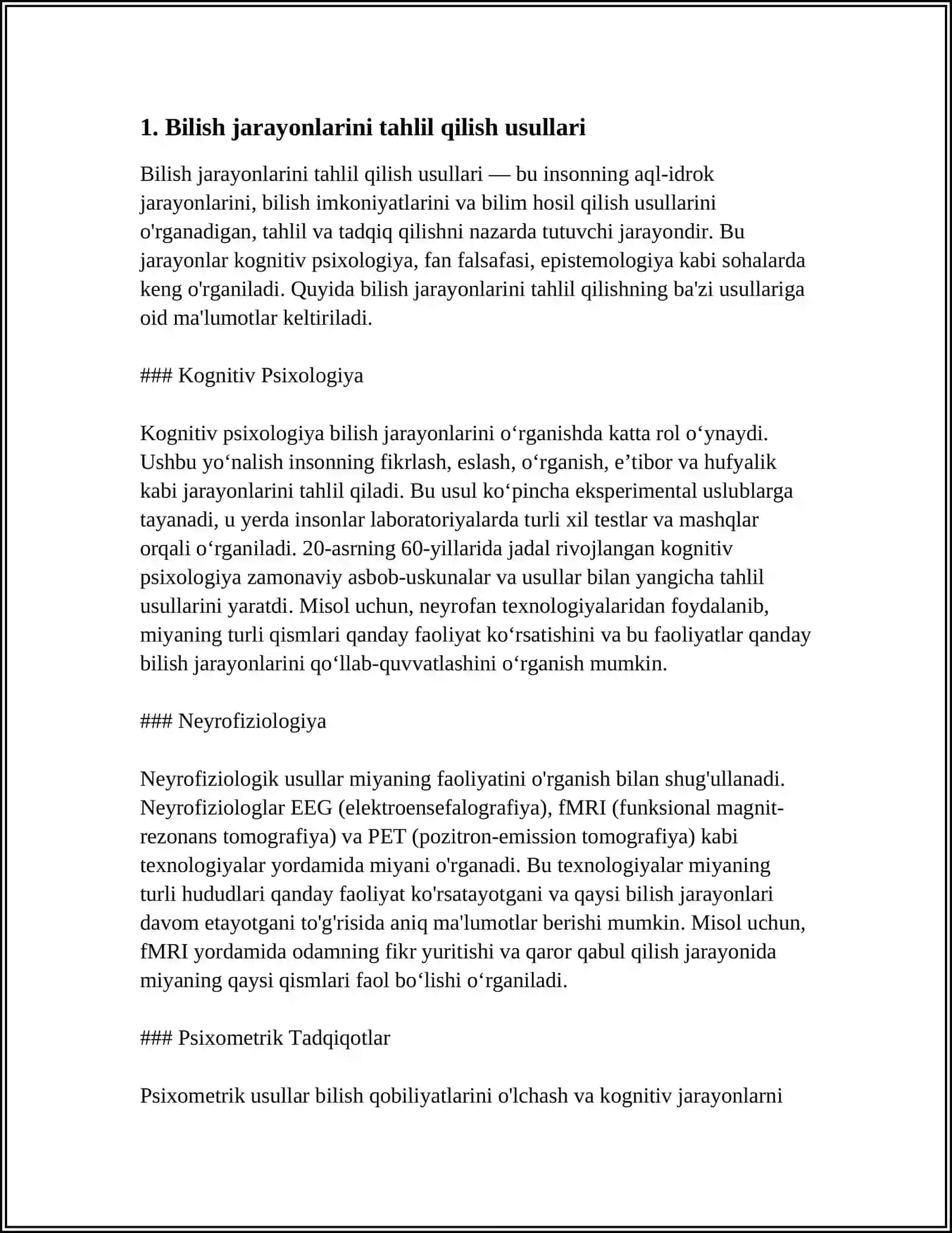 BILISH JARAYONLARINI TEKSHIRISH METODIKALARINI O'RGANISH VA QO'LLAB QUVVATLASH USULLARI. KREATIVLIK. KREATIVLIKKA XOS XUSUSIYATLAR 3