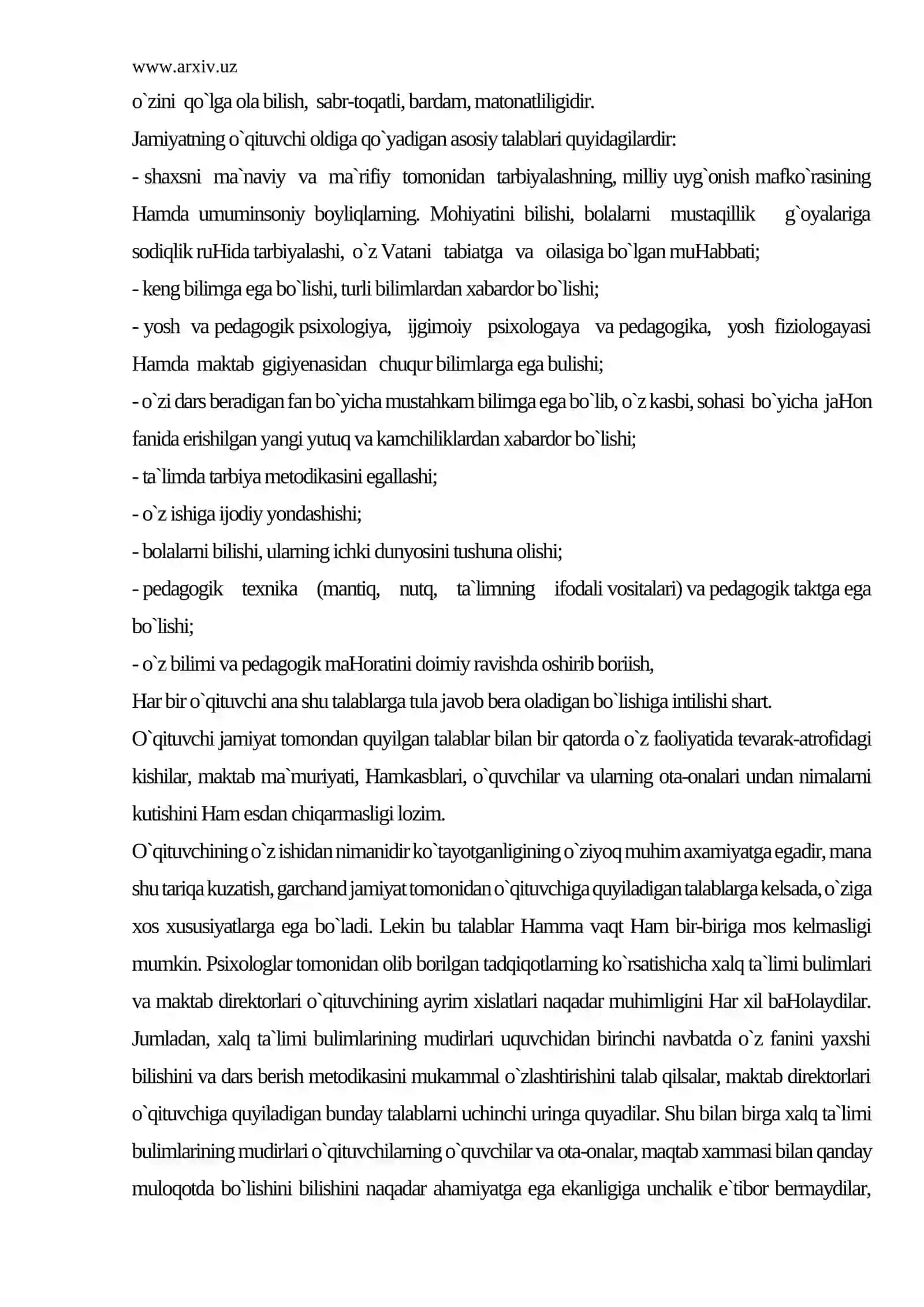 Jamiyatda o`qituvchining tutgan o`rni va vazifalari. O`qituvchiga qo`yiladigan talablar 3